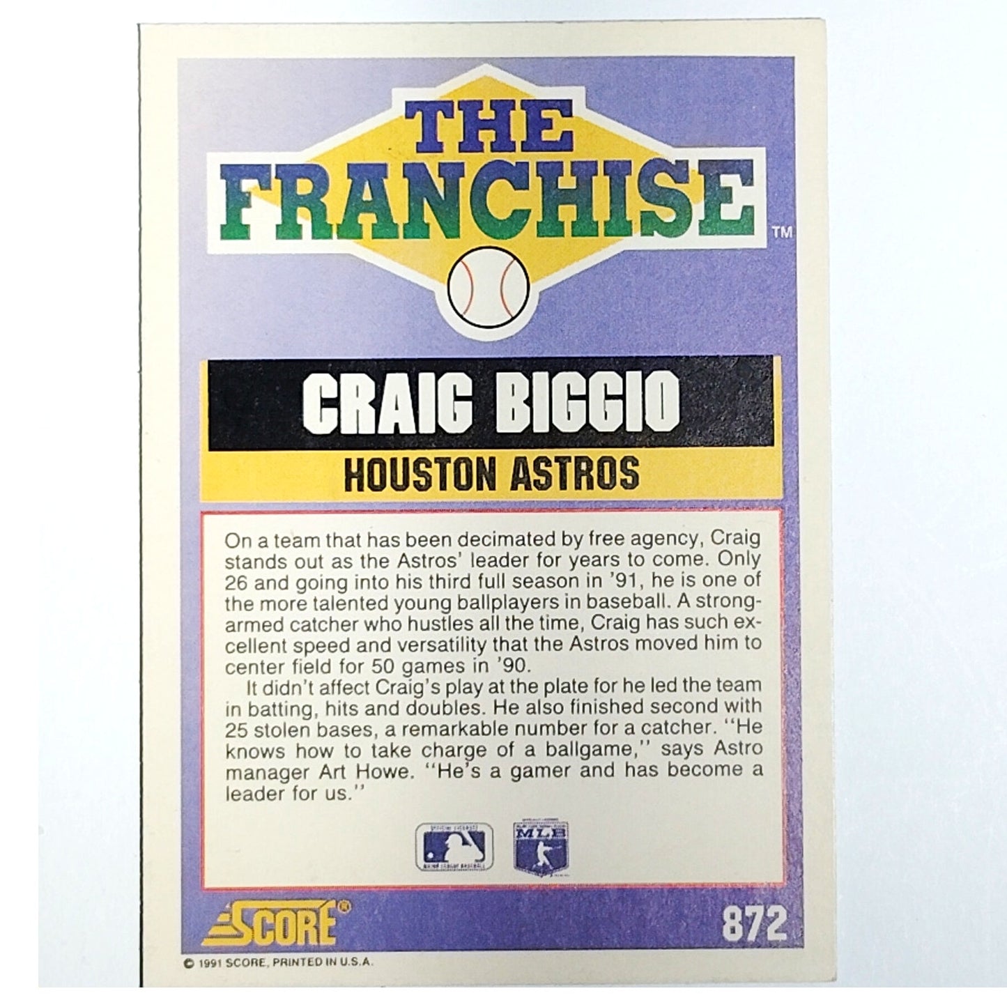1991 Score The Franchise Craig Biggio Card #872 Houston Astros C VG/EX