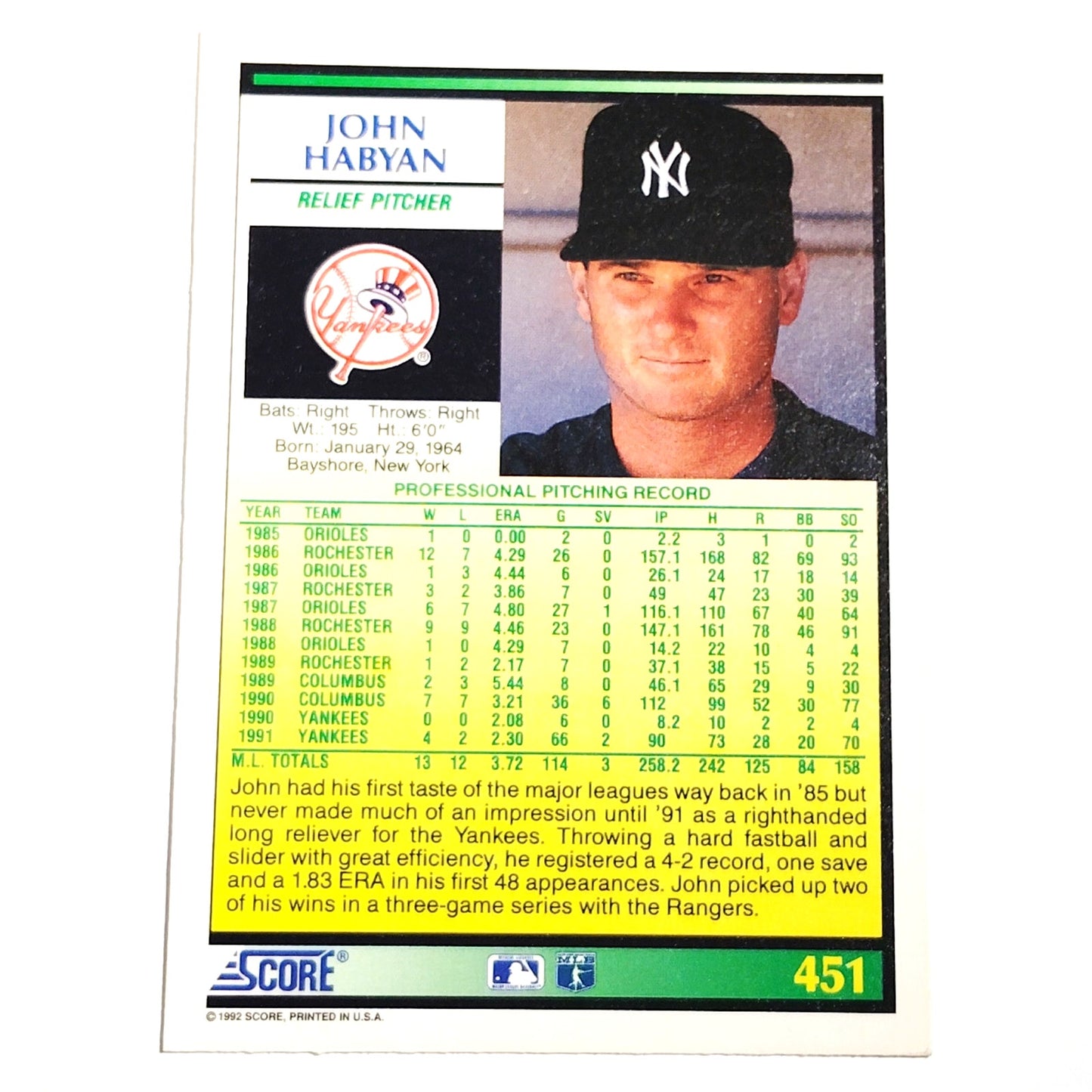 1992 Score John Habyan #451 New York Yankees Relief Pitcher MLB Baseball NM
