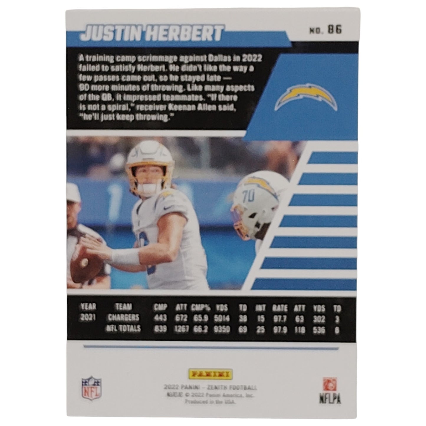 Justin Herbert, Las Angeles Chargers, NFL 2022 Panini-Zenith Card 86, EX/NM