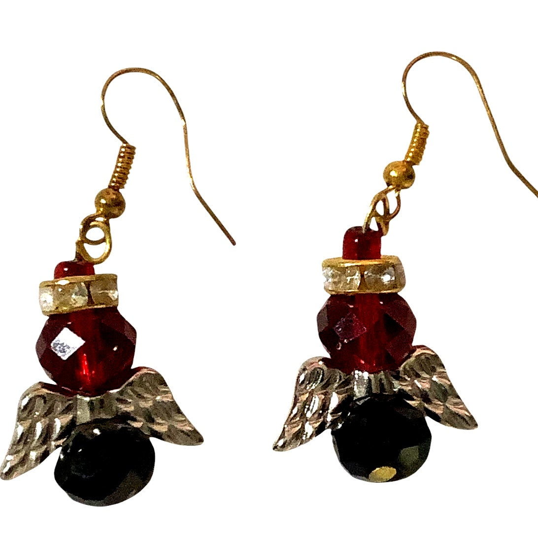 Vintage Angel Earrings with Rhinestones and Beads, Handcrafted