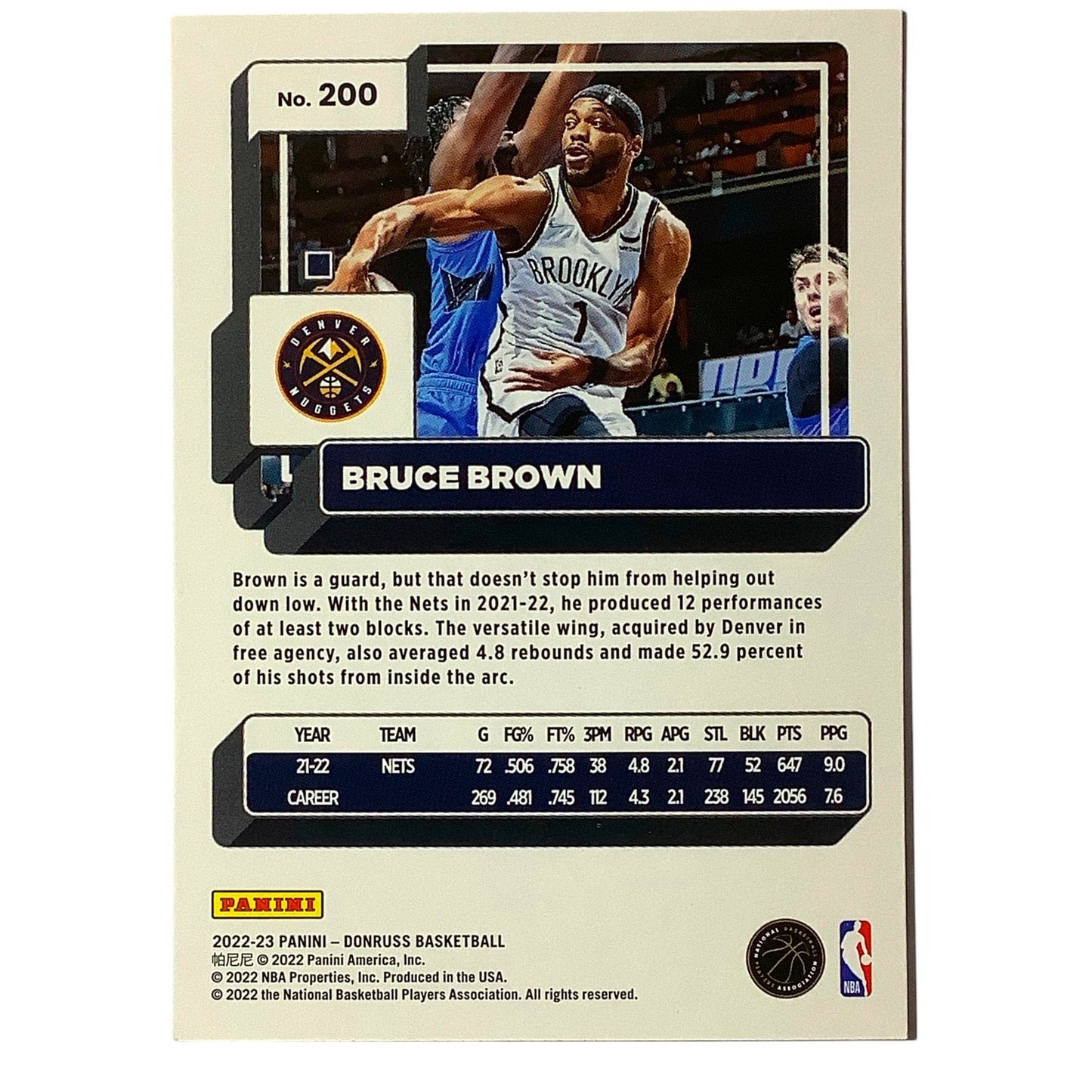 Bruce Brown, Denver Nuggets, Card #200, 2022-23 NBA Panini Donruss NM+