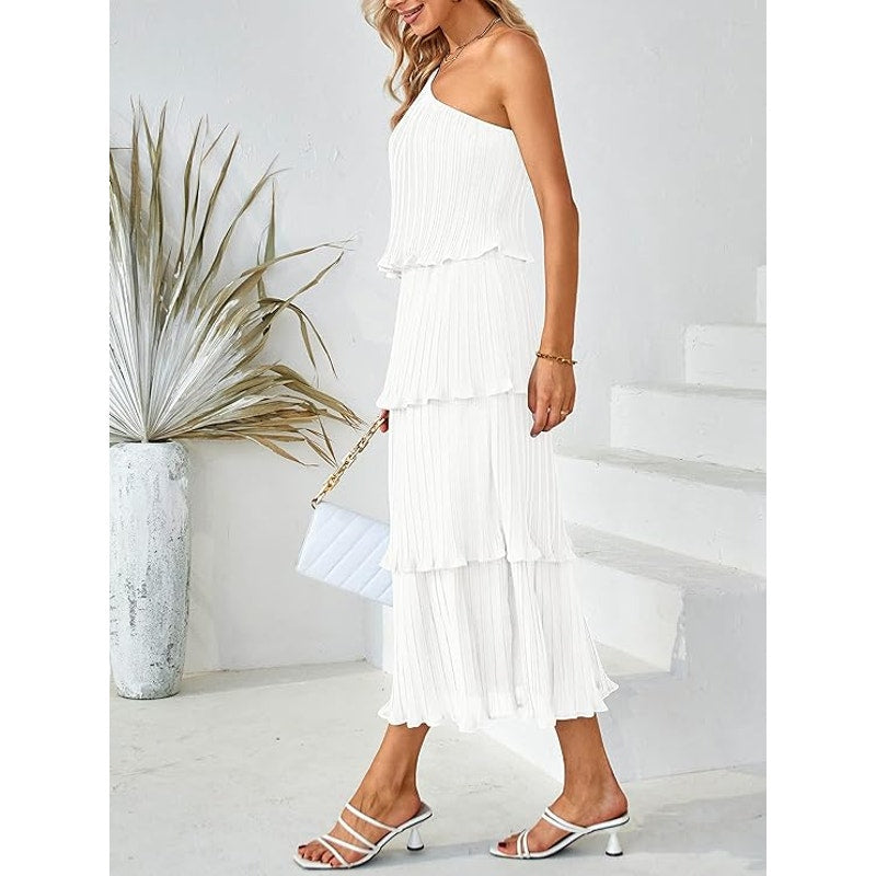 Summer One-Shoulder Sleeveless Pleated Ruffle Tiered Layered Chiffon Party Dress