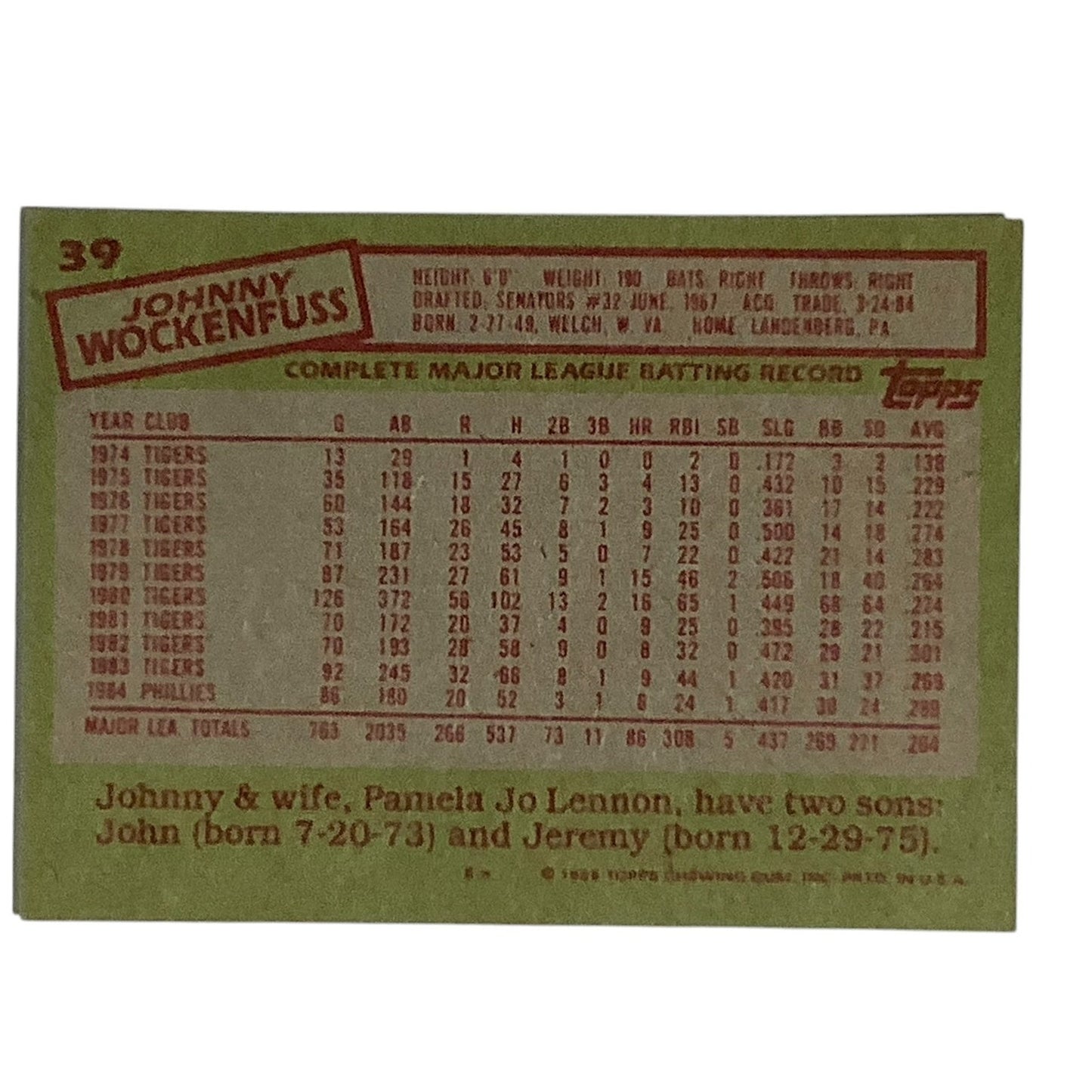 Johnny Wockenfuss, Philadelphia Phillies, MLB, 1985 Topps Card 39, EX/NM