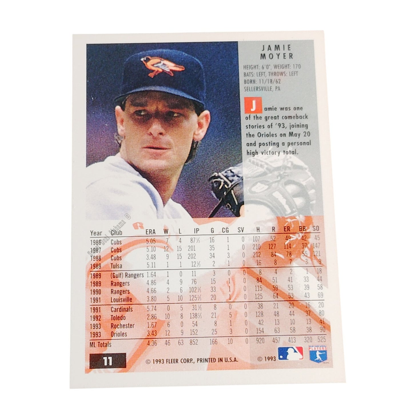 Jamie Moyer, Baltimore Orioles, #11, Fleer 1994 Baseball Collector's Card