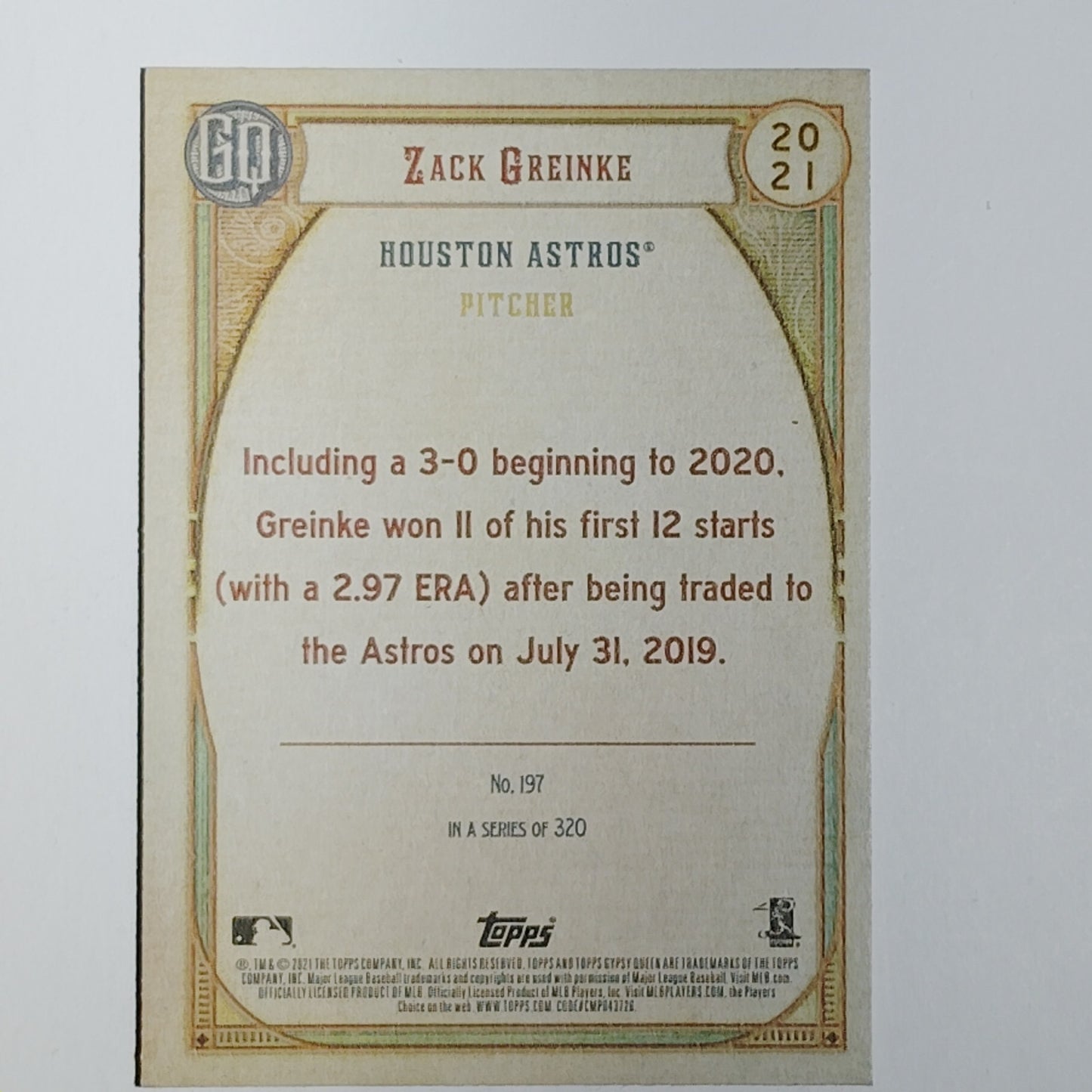 2021 Topps Gypsy Queen #197 Zack Greinke Houston Astros Pitcher - VG/EX