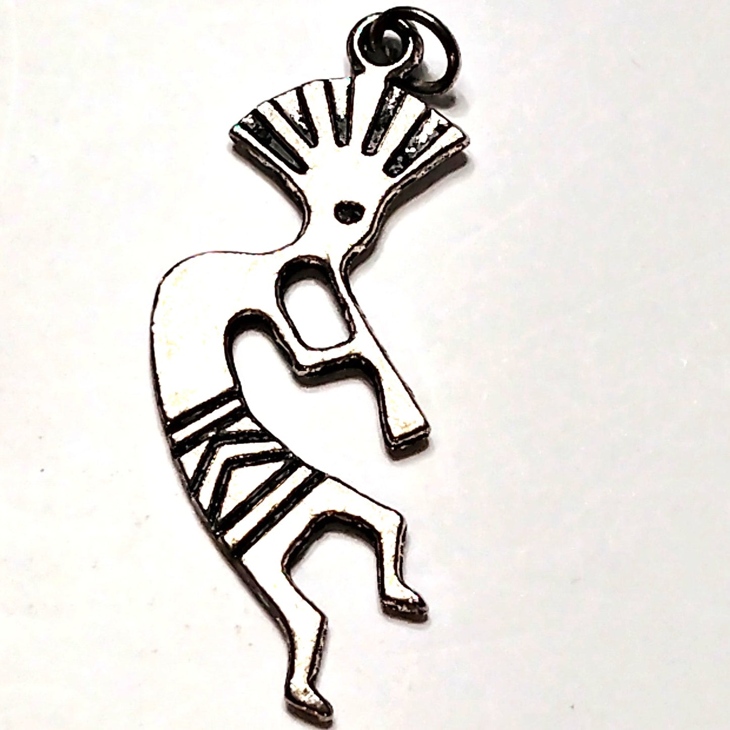 Dancing Kokopelli Charm Patinated Silver‑Tone Metal Etched 1‑1/2" Pendant