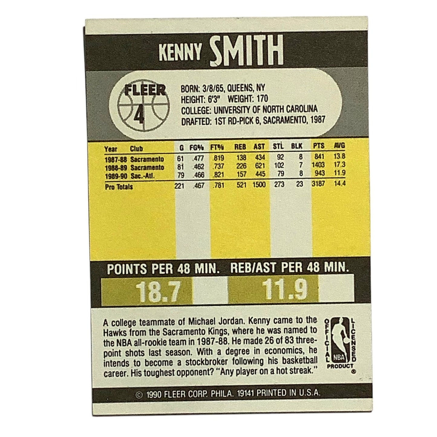 Kenny Smith, Atlanta Hawks, NBA, Fleer 1990, Card 4, EX/NM