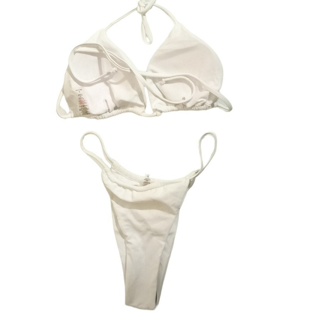 2-Piece Bikini Set, Halter Triangle Bra & Tie Side Thongs Swimsuit, SM, White