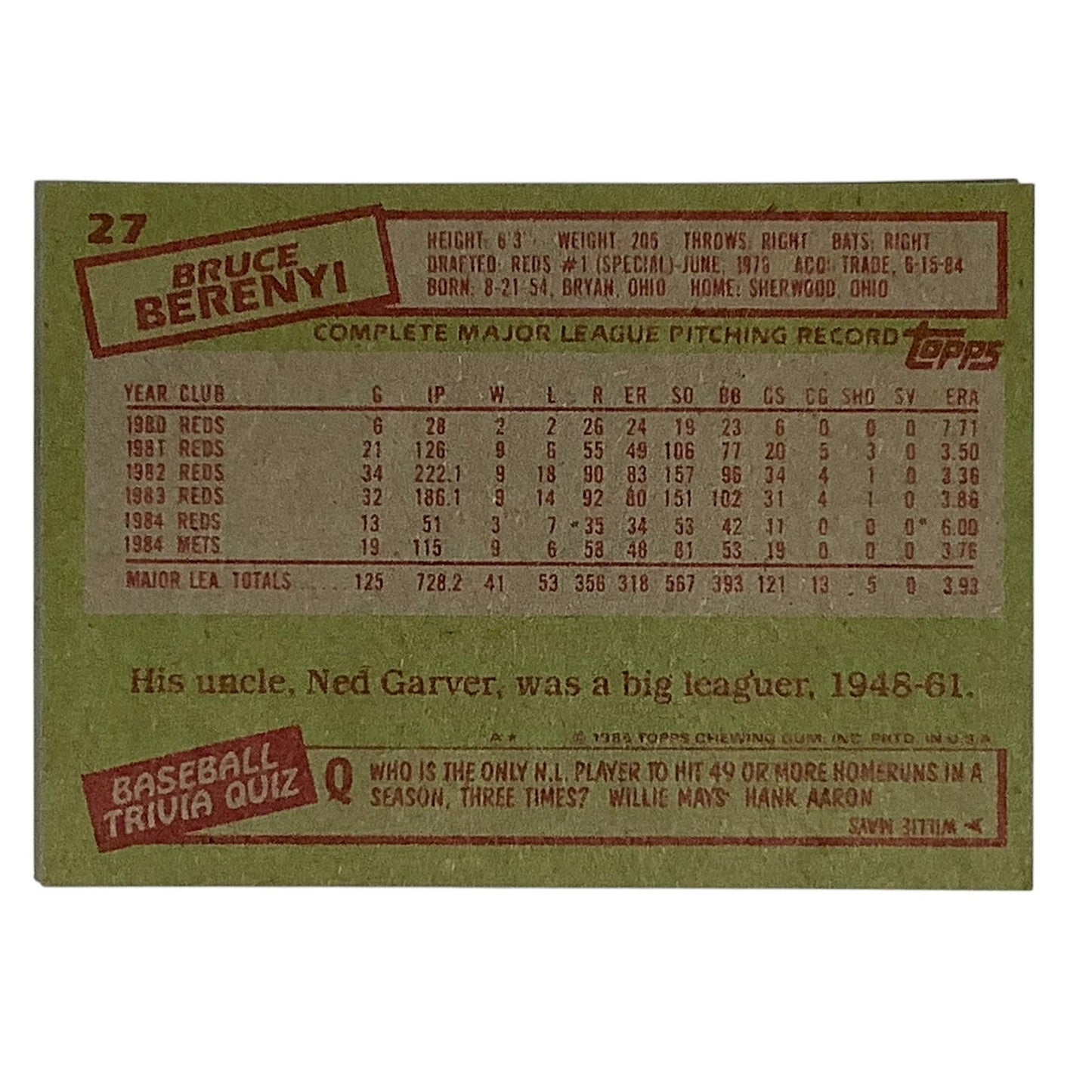 Bruce Berenyi, New York Mets, MLB, 1985 Topps Card 27, EX/NM