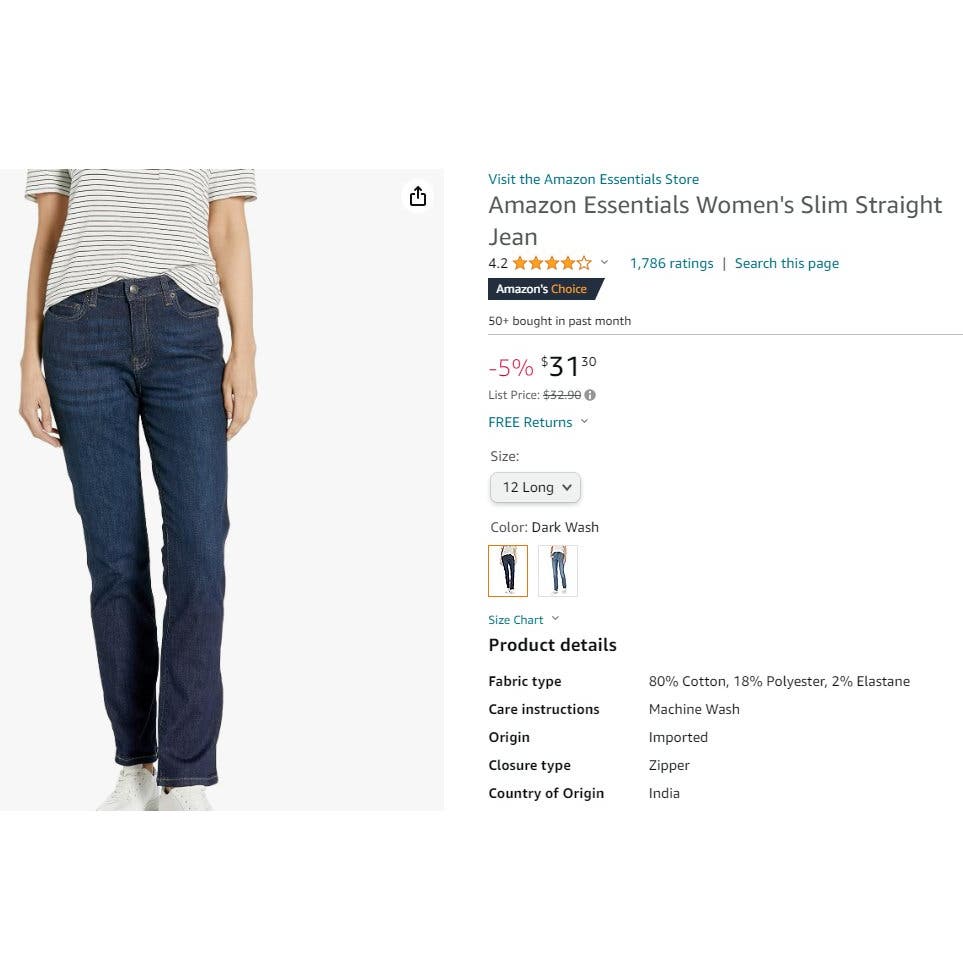 Amazon Essentials Women's Denim Slim Straight Blue Jeans, Dark Wash, 12 Long