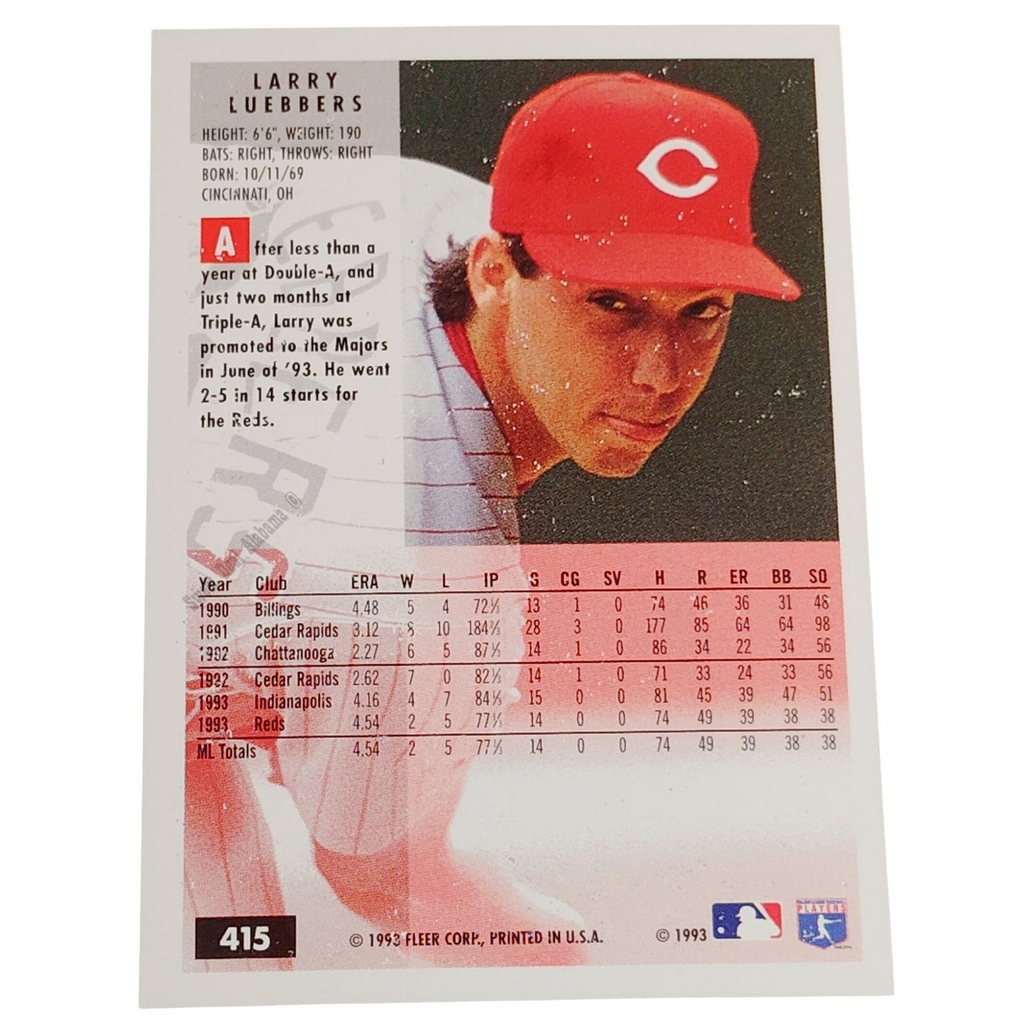 Larry Luebbers, Cincinnati Reds, #415, 1994 Fleer Baseball Collector's Card