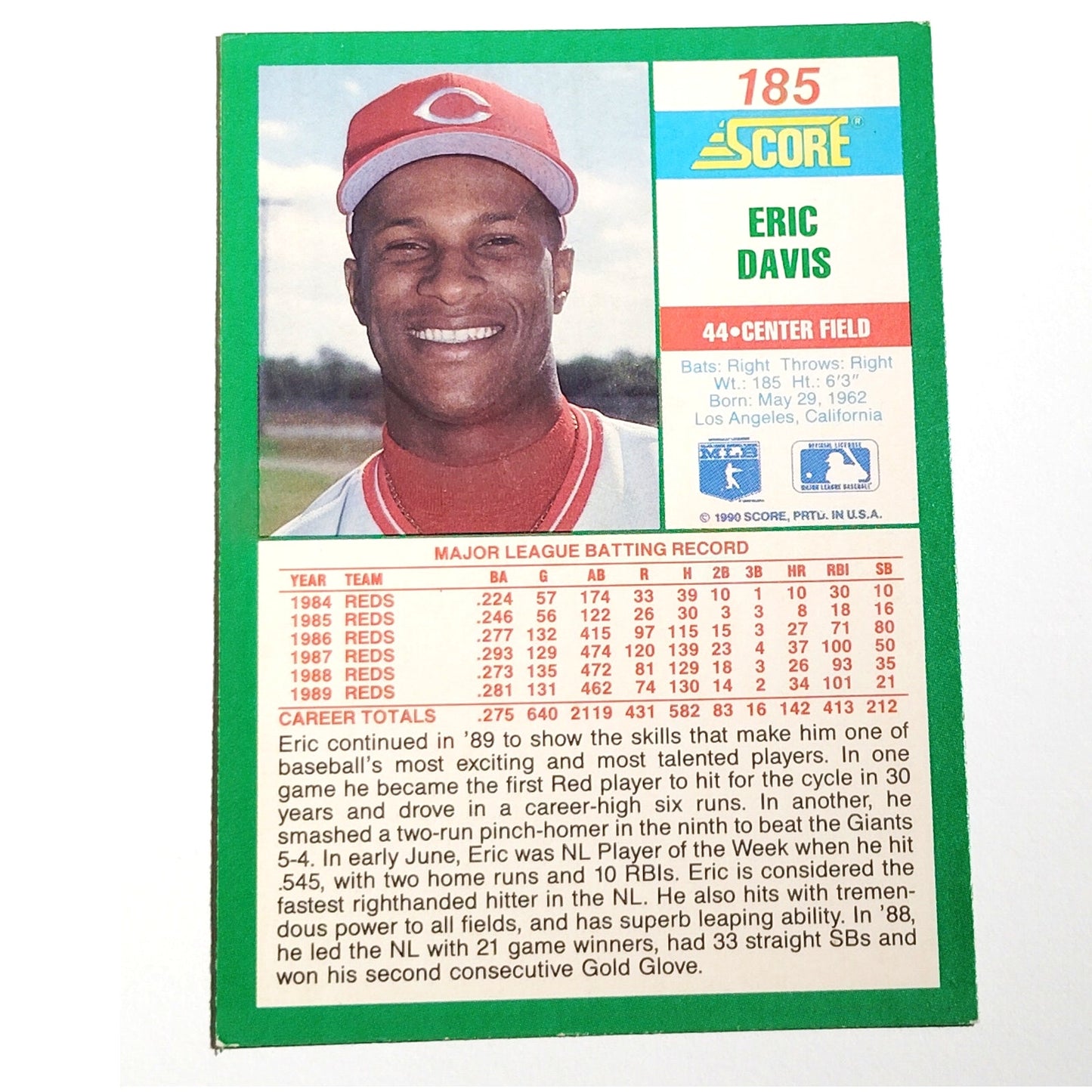 1990 Score Eric Davis #44 Cincinnati Reds Center Fielder All Star MLB EX