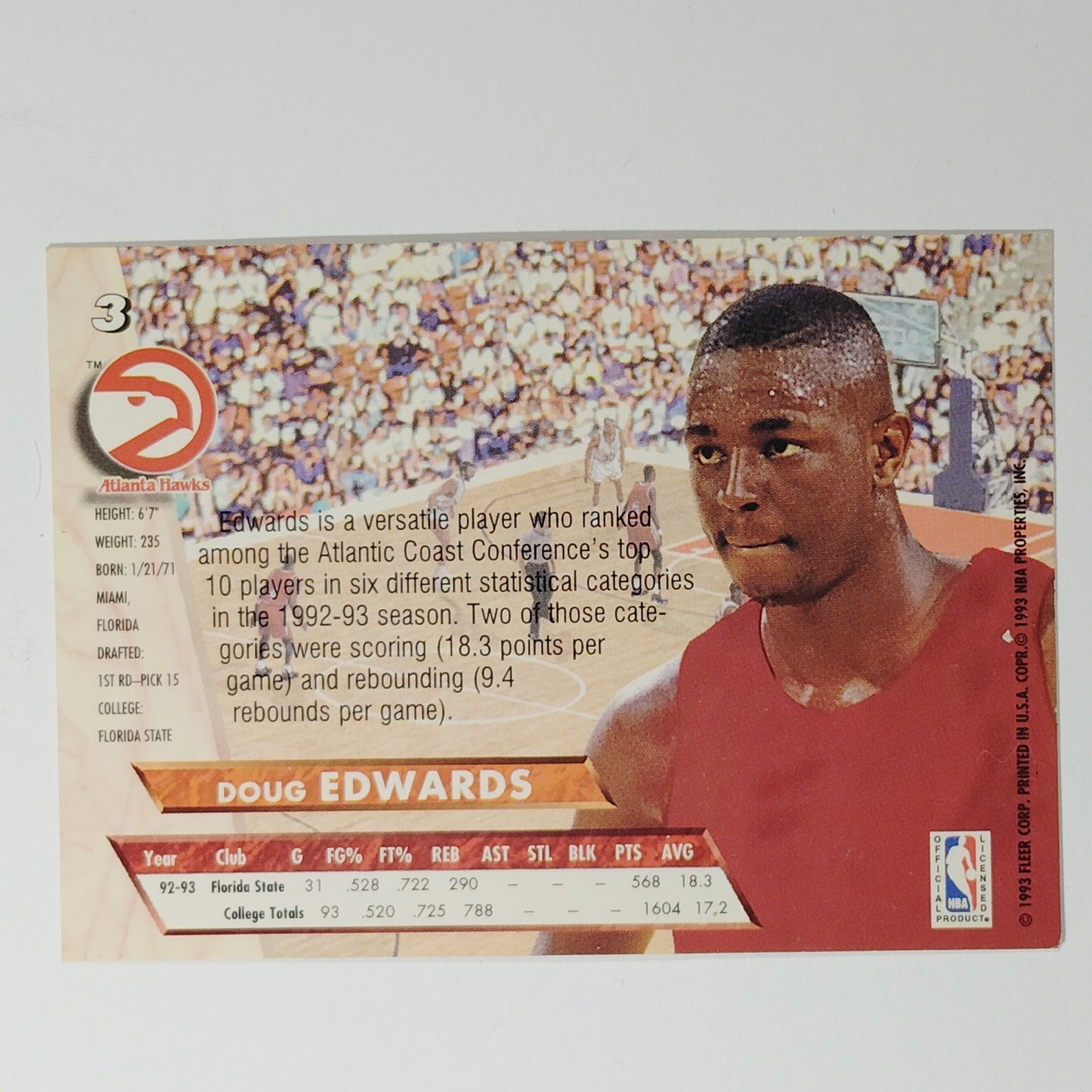 1993–94 Fleer Ultra Doug Edwards #3 – Atlanta Hawks – 1st Round Pick