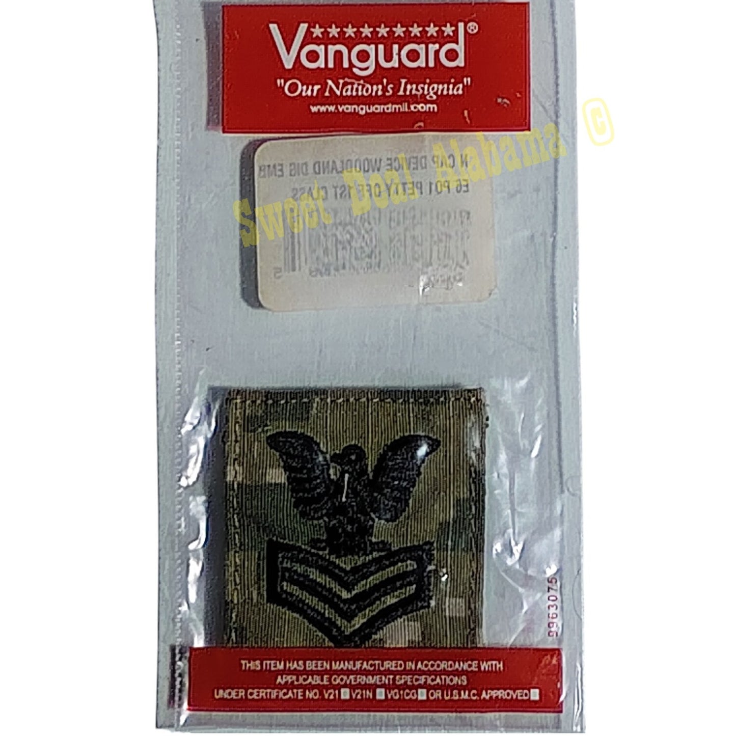 Navy Petty Officer 1st Class (E-6) Rank Sew-On Cap Device Insignia Emblem, Woodland Digital, 1-5/8"W x 2"H, NIP