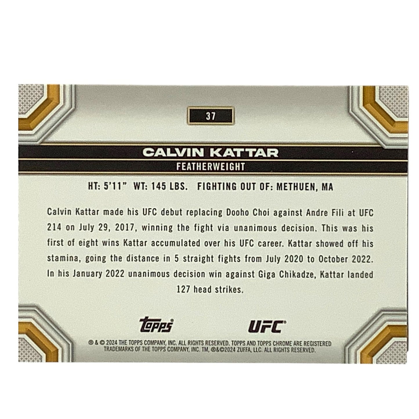 Calvin Kattar, Featherweight, UFC Refractor Card 37, 2024 Topps Chrome UFC, NM+