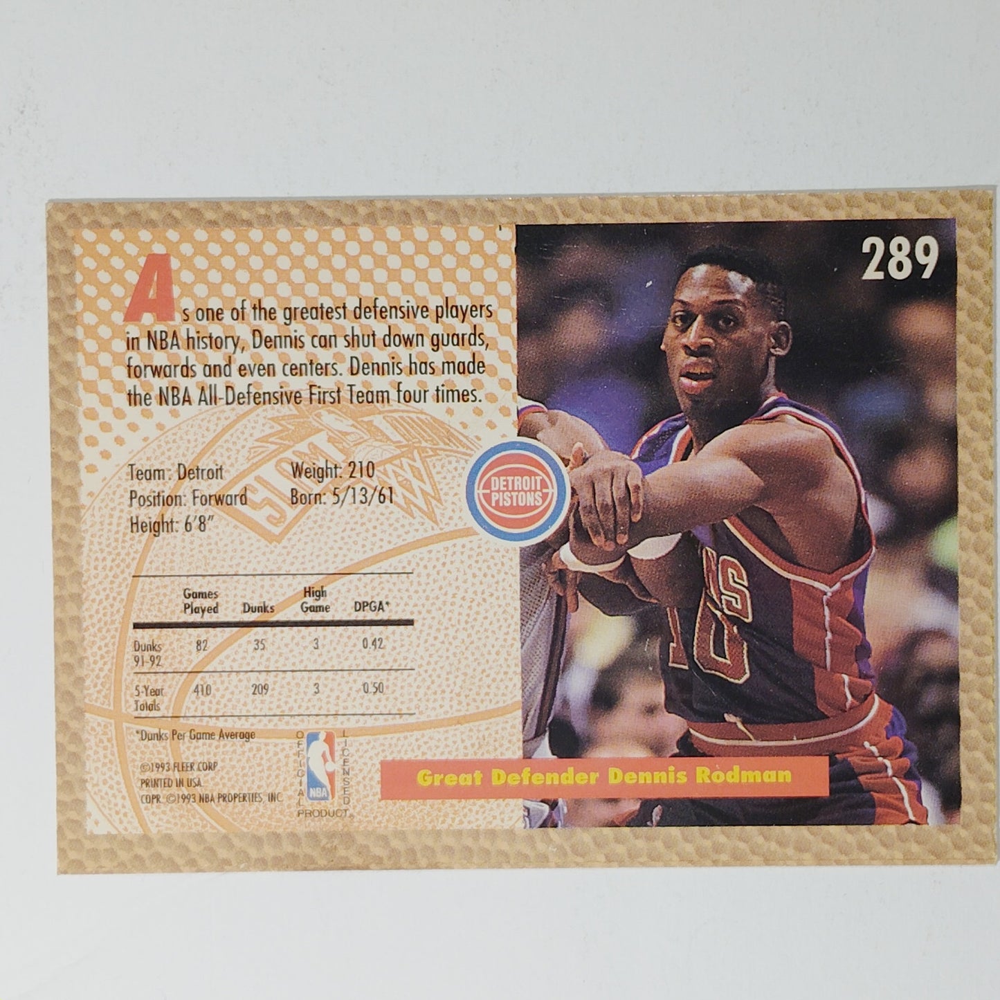 1992–93 Fleer Dennis Rodman #289 – Detroit Pistons – Forward – NBA Card
