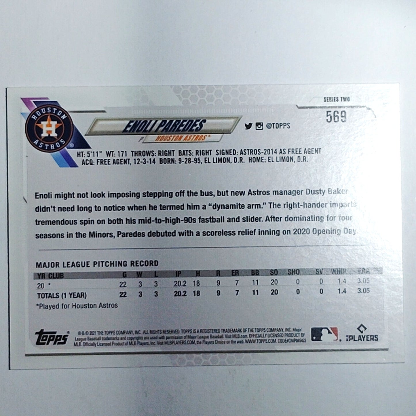 2021 Topps Series 2 #569 RC Rookie Enoli Paredes Houston Astros Pitcher - VG/EX