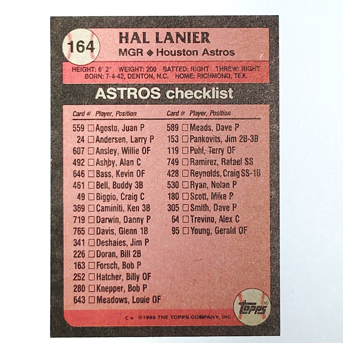 1989 Topps Hal Lanier #164 Astros Manager 1986-1988 VG/EX - VG/EX
