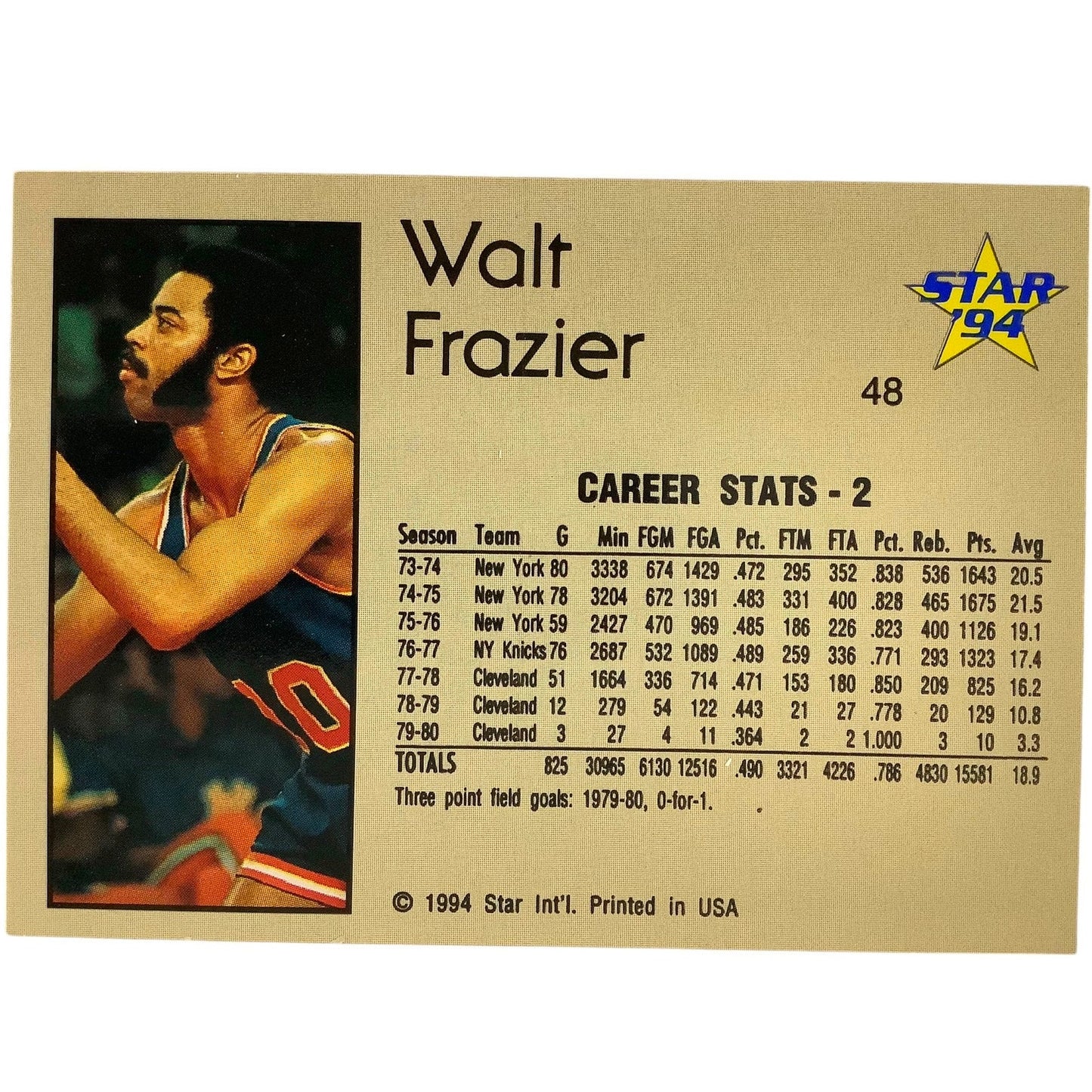 Walt Frazier, New York and Cleveland, 1994 Star Int'l Career Stats Card 48, EXC