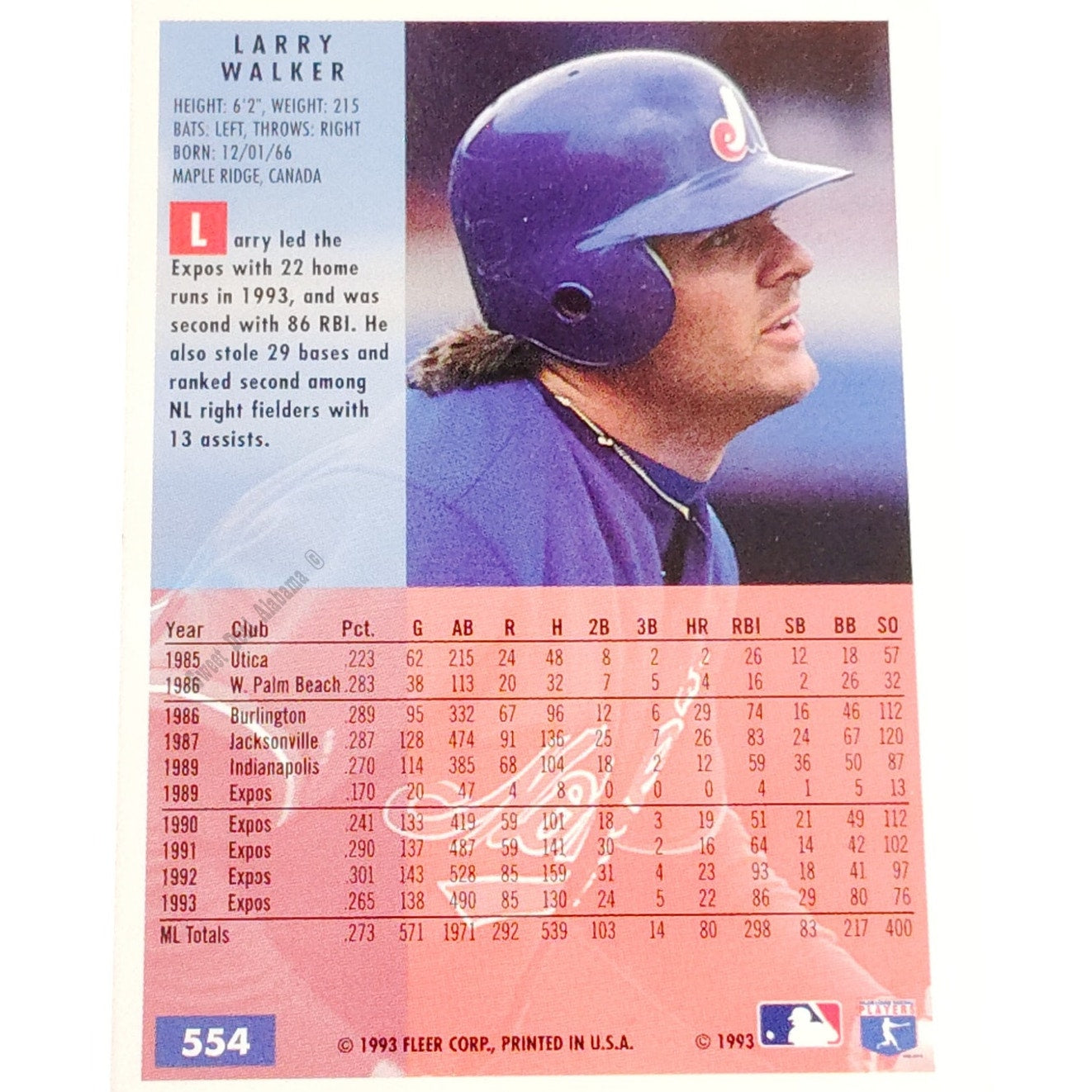 Larry Walker, Montreal Expos, #554, 1994 Fleer Baseball Collector's Card