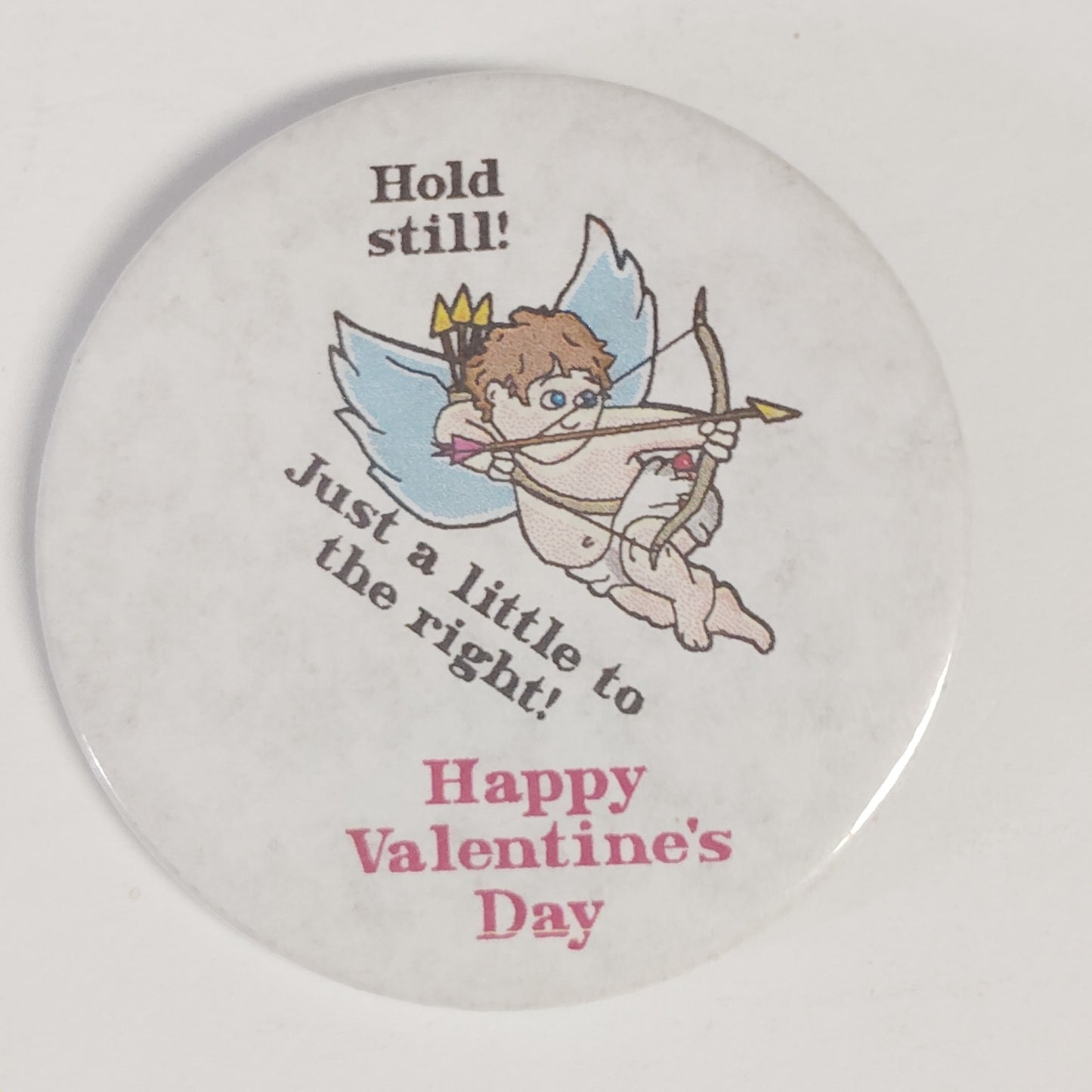 VTG Valentine’s Day Pinback Buttons Badge‑A‑Minit 2‑7/8" Cupid & Heart Hands Set