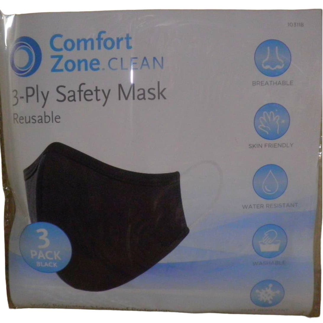 30-PK Reusable Fabric Mask, 10-PKS of 3, 3-Layer, Black, Washable 100% Polyester