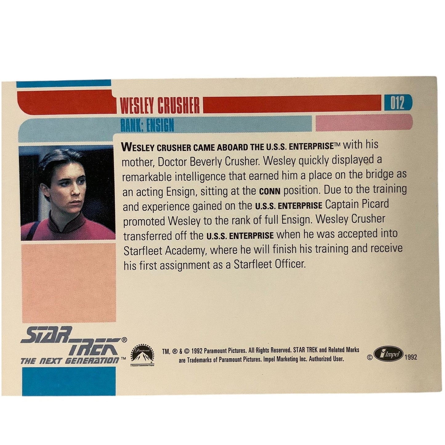 Ensign Wesley Crusher, Star Trek, The Next Generation, 1992, Impel Card No.012