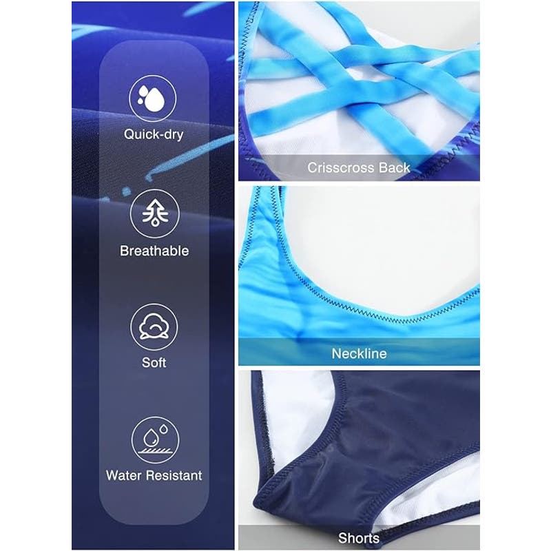 One-Piece Swimsuit Criss Cross Back Cheeky Push Up Sports Monokini, Blue, M