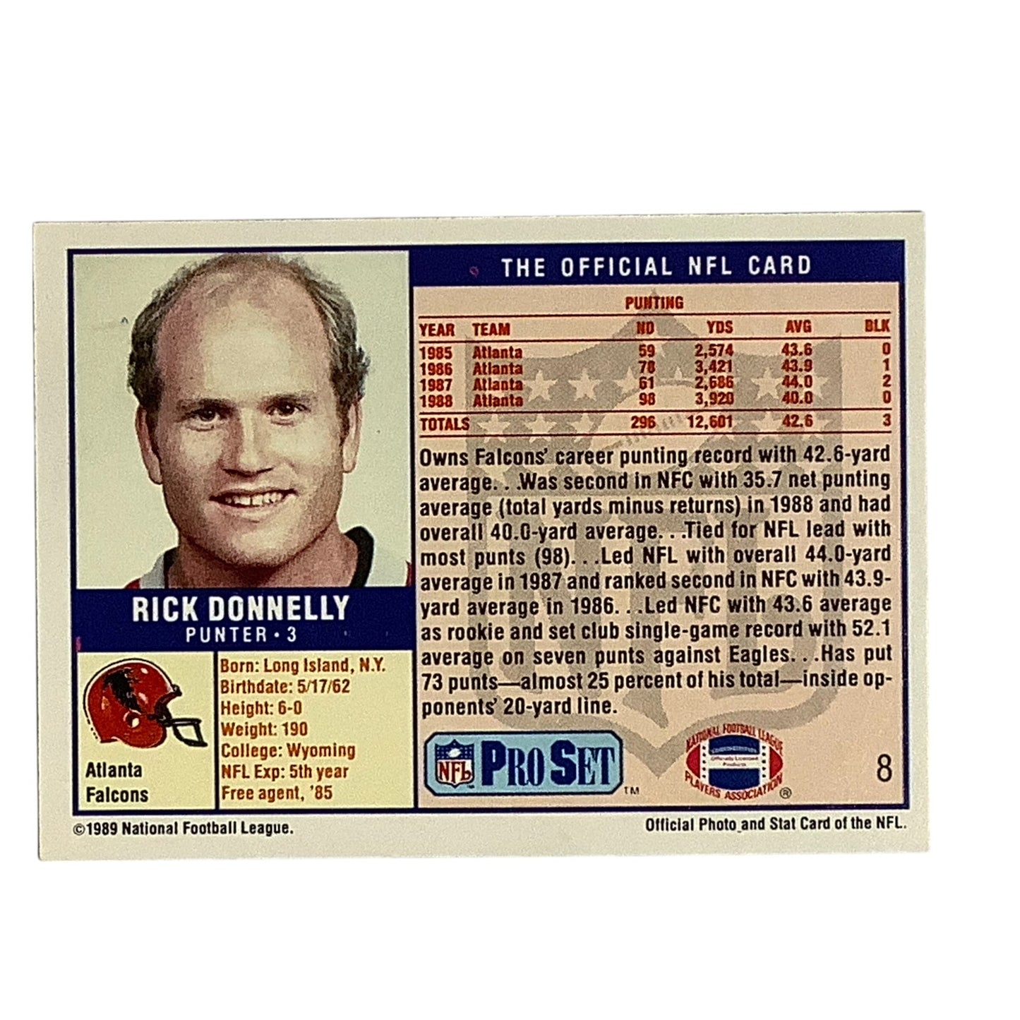 Rick Donnelly, Atlanta Falcons, NFL 1989 Pro Set Card 8, EX/NM
