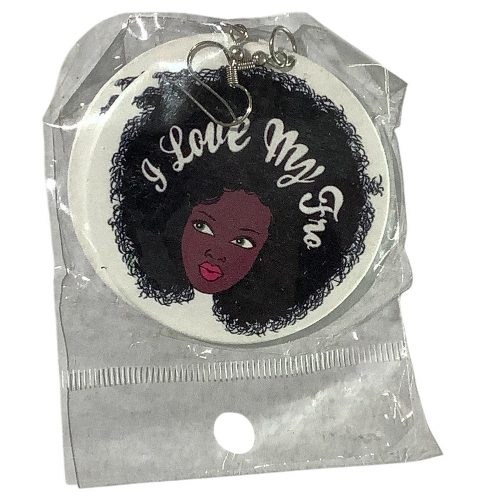 2.5"D Loop Earrings - 'I Love My Fro" Dangling Earrings, NIP