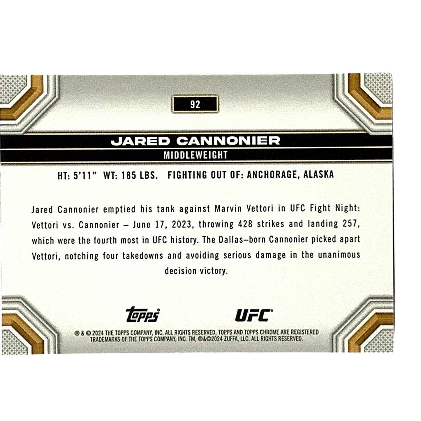 Jared Cannonier, UFC Middleweight, Card 92, 2024 Topps Chrome UFC, NM+