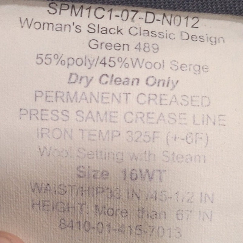 Women’s Uniform Pants - Size 16WT - Poly/Wool Serge - Shade AG-489, Made in USA