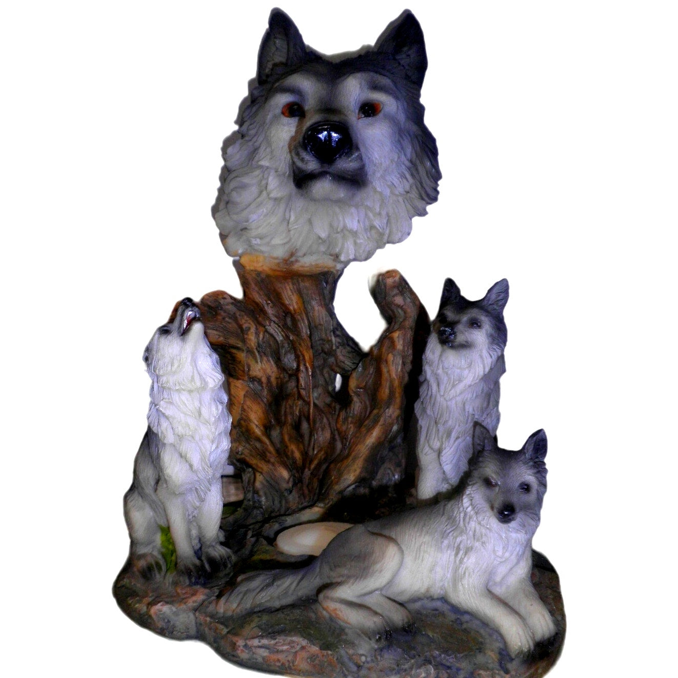 Rustic Nature Resin Wolf and Her Three (3) Pups. Very Detailed Piece, 8.5"H