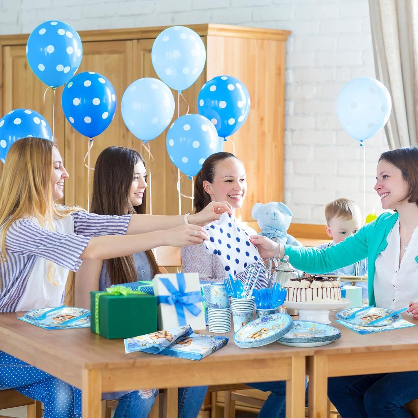 128 Pcs Bear Baby Shower, Boy's Birthday, Serving Set for 16 Guests