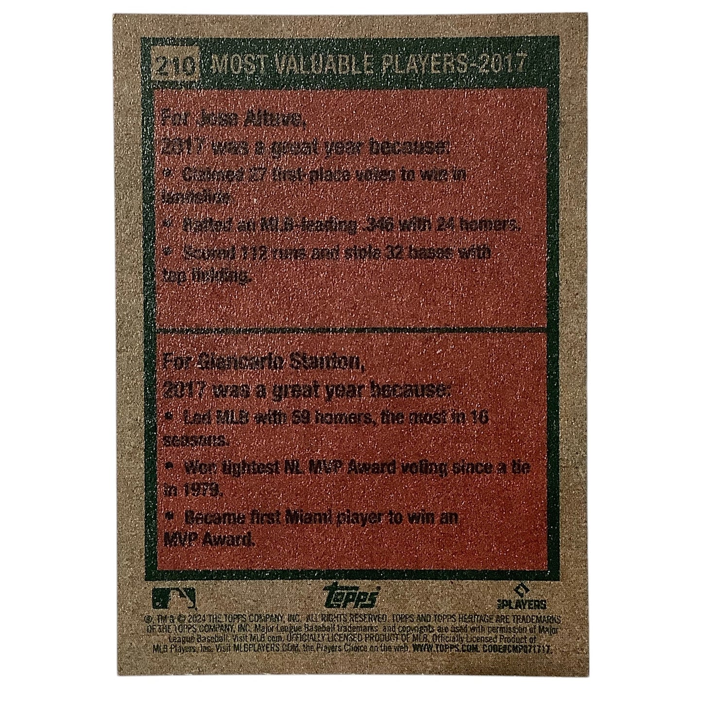 2024 Topps Heritage - 2017 MVPs Jose Altuve & Giancarlo Stanton, Card #210, NM+