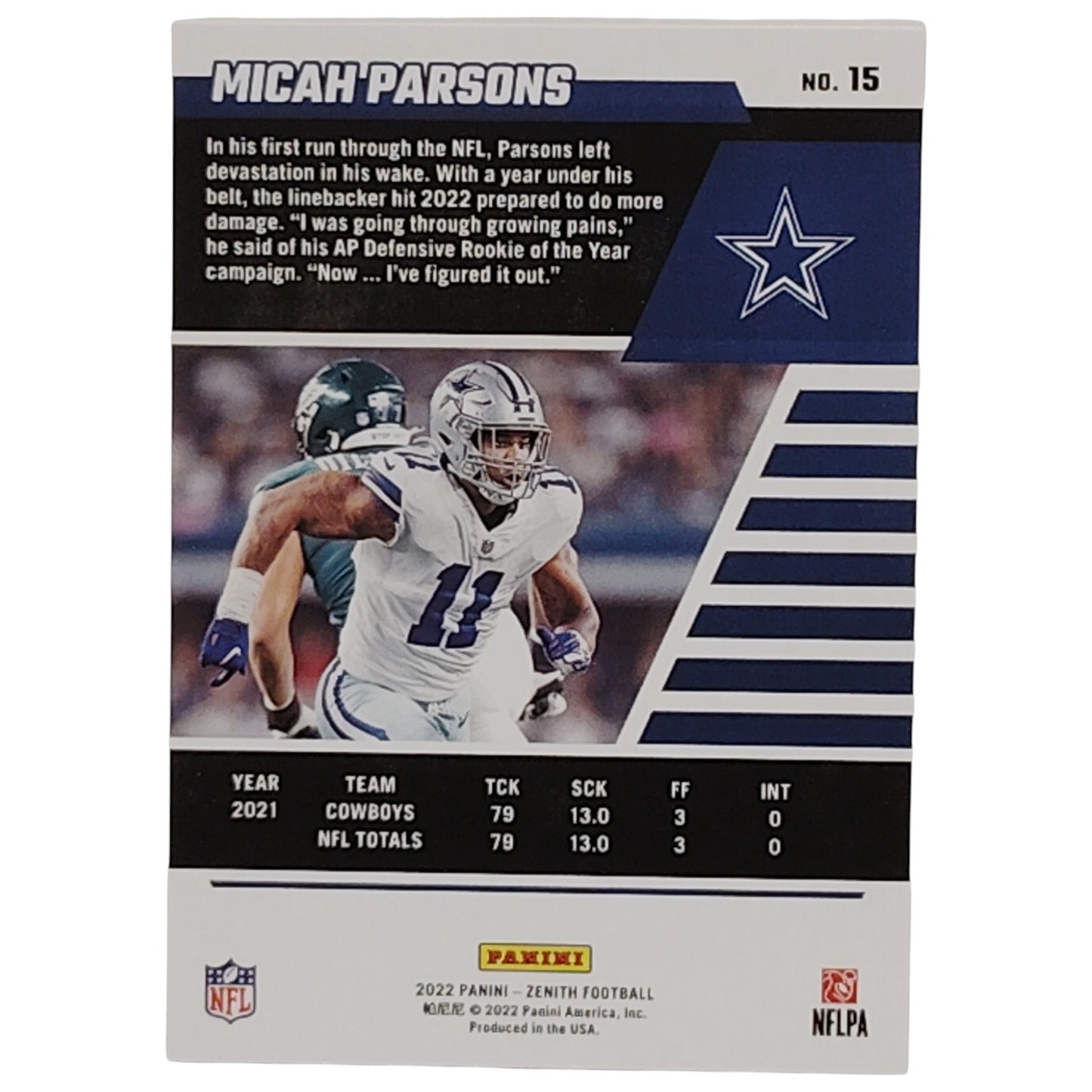 Micah Parsons, Dallas Cowboys, NFL 2022 Panini-Zenith Card 15, EX/NM