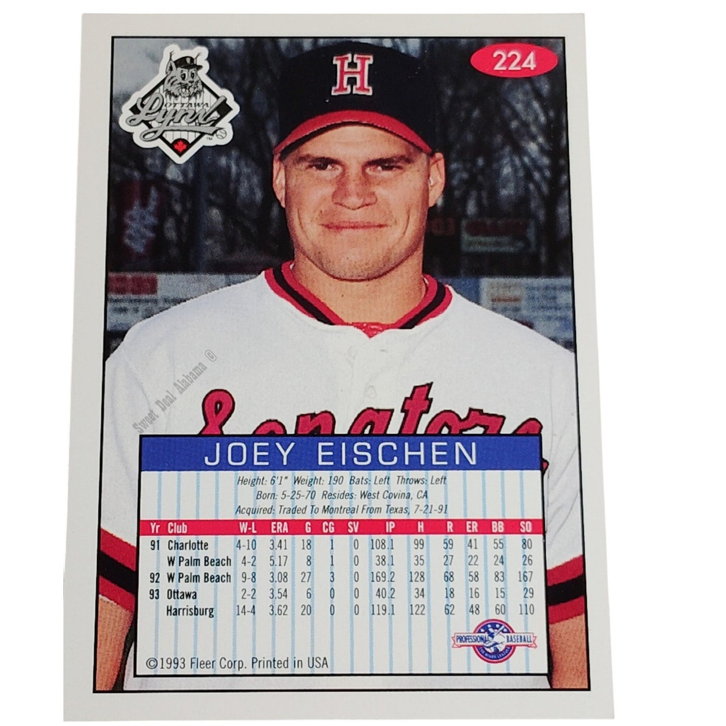 Joey Eischen Ottawa Lynx/Harrisburg Senators, No. 224, 93-94 Fleer Excel Minors