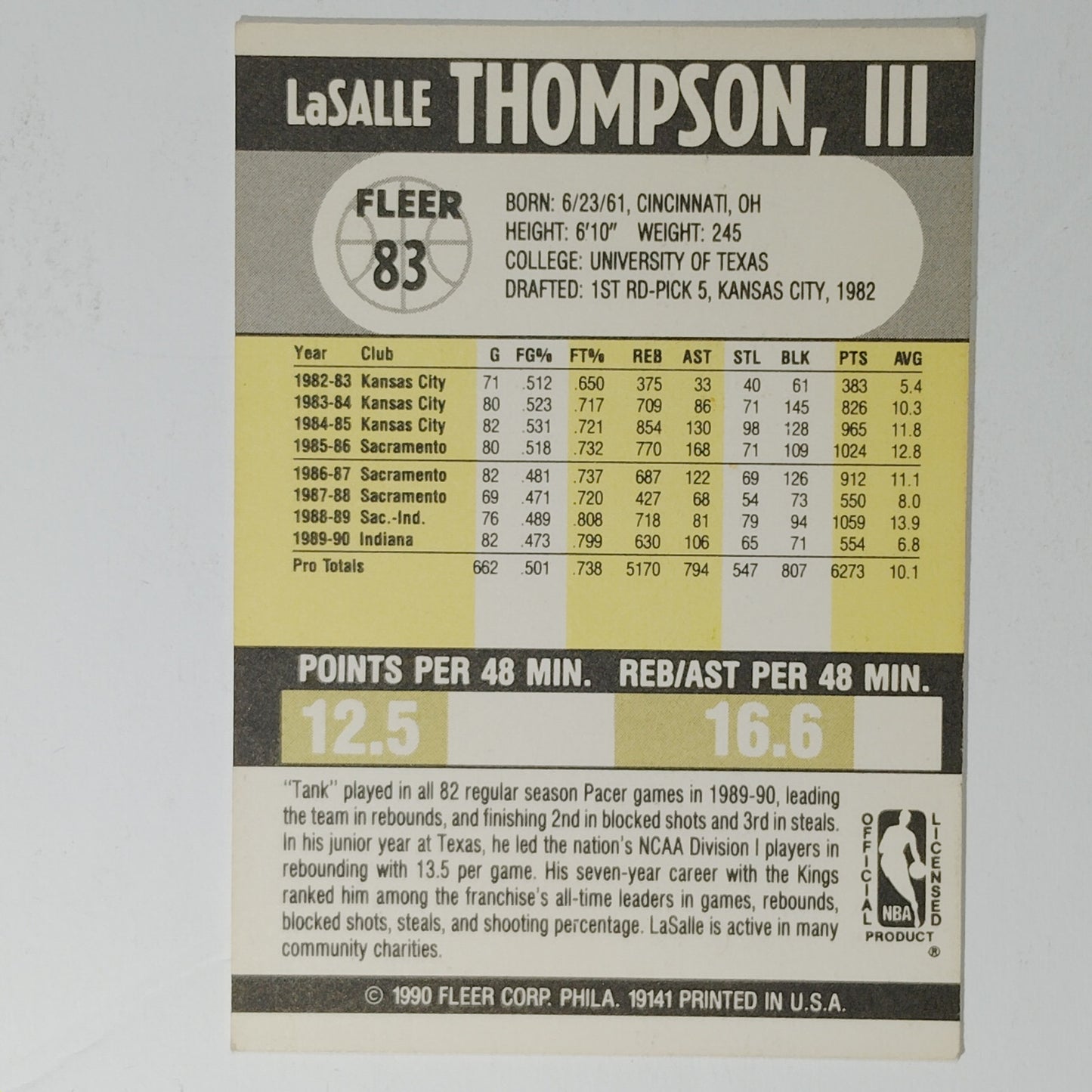 1990 Fleer LaSalle Thompson #83 – Indiana Pacers – Center – NBA Card
