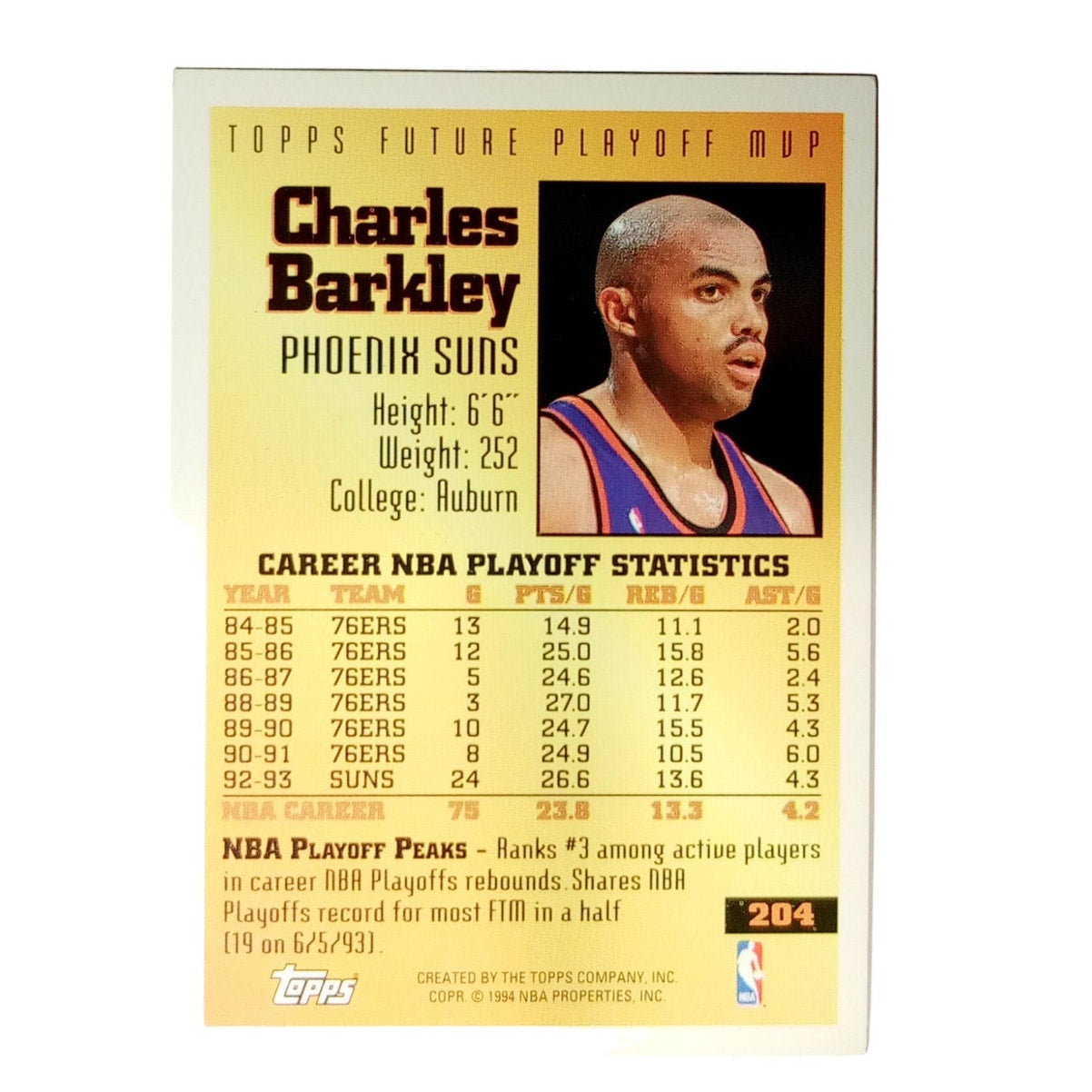 1994 Topps Future Playoff MVP #204 Charles Barkley - Phoenix Suns, NM