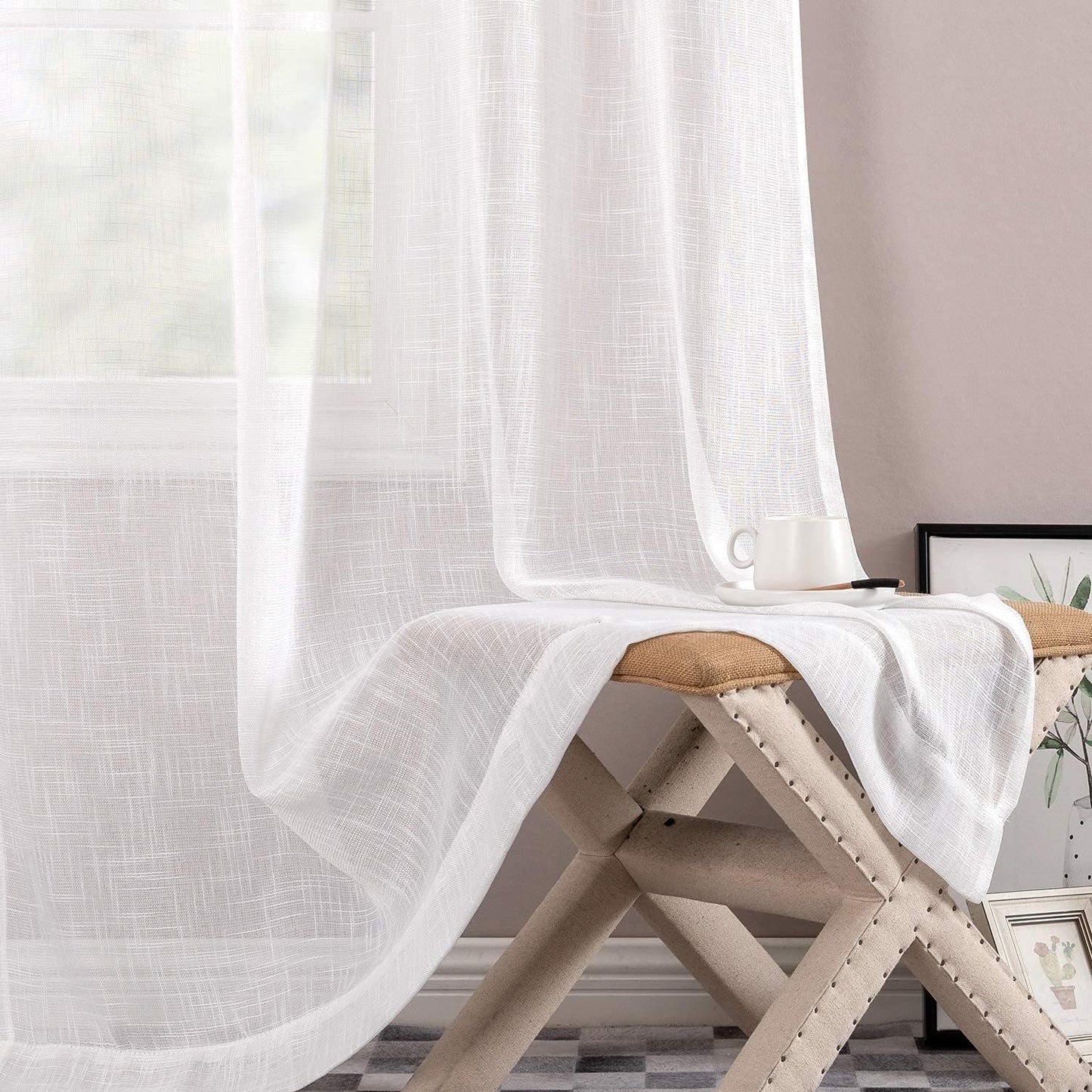 White Weave Sheer Curtains, 2 Panels @ 52"W x 108"L, Rod Pocket or Back Tab