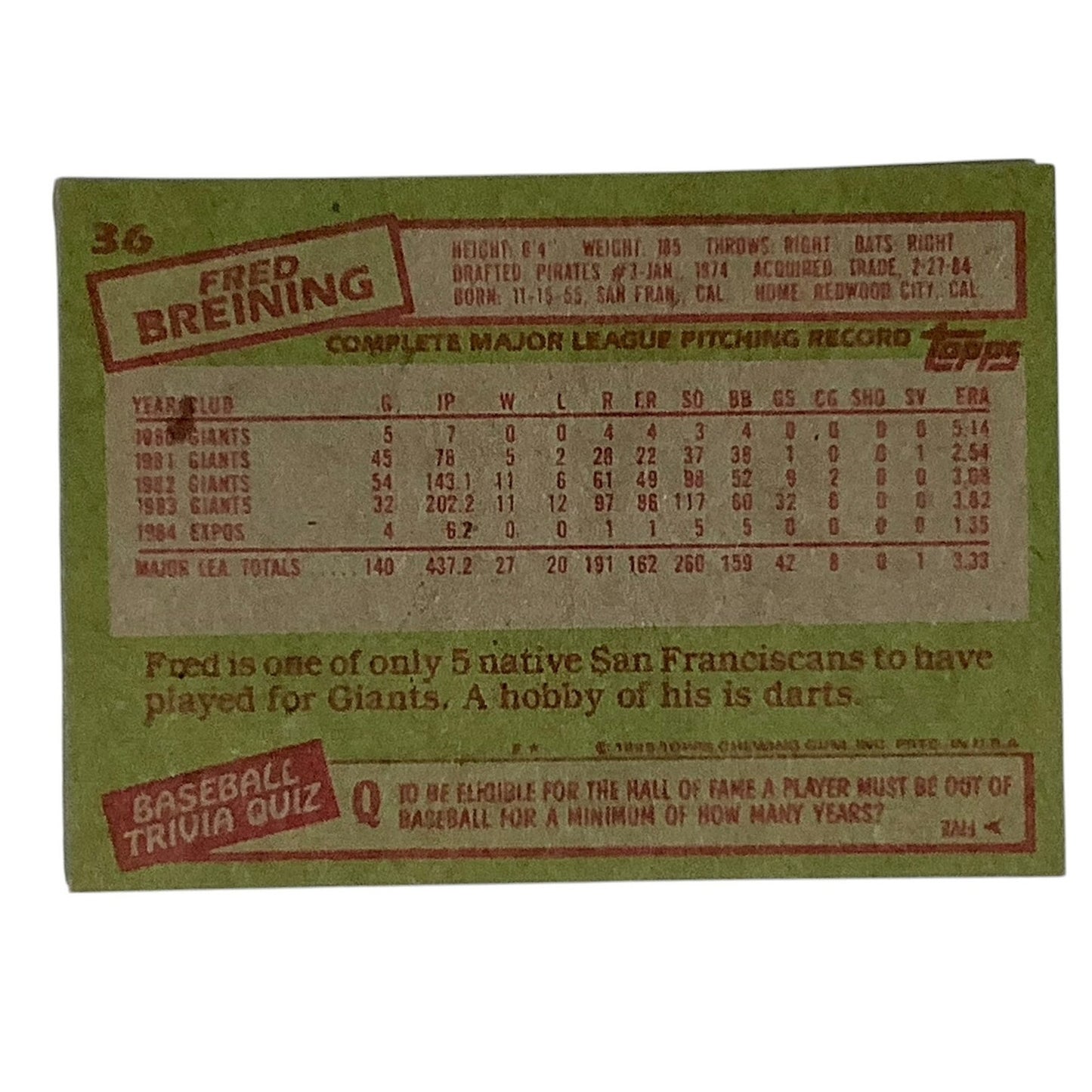 Fred Breining, Montreal Expos, MLB, 1985 Topps Card 36, EX/NM