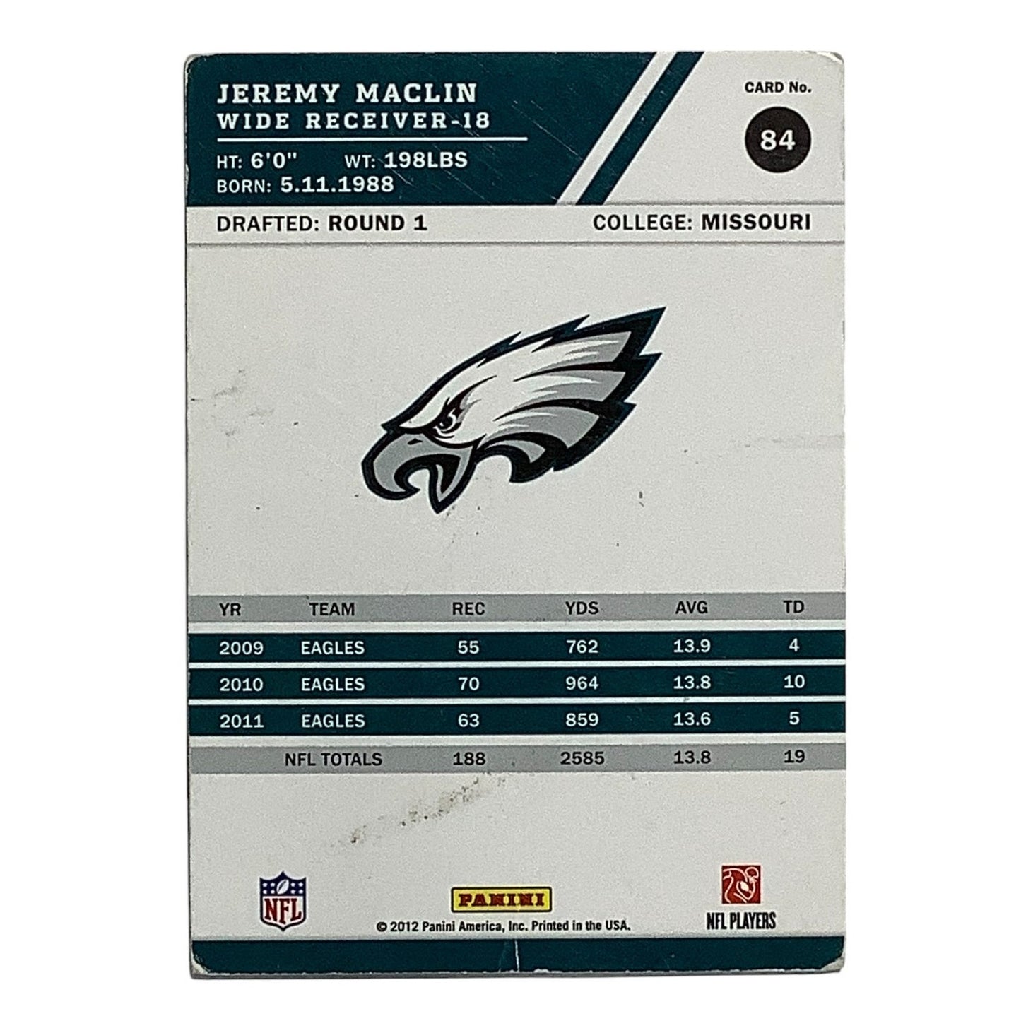 Jeremy Maclin, Philadelphia Eagles, NFL, Panini Score 2012, Card 84, VG
