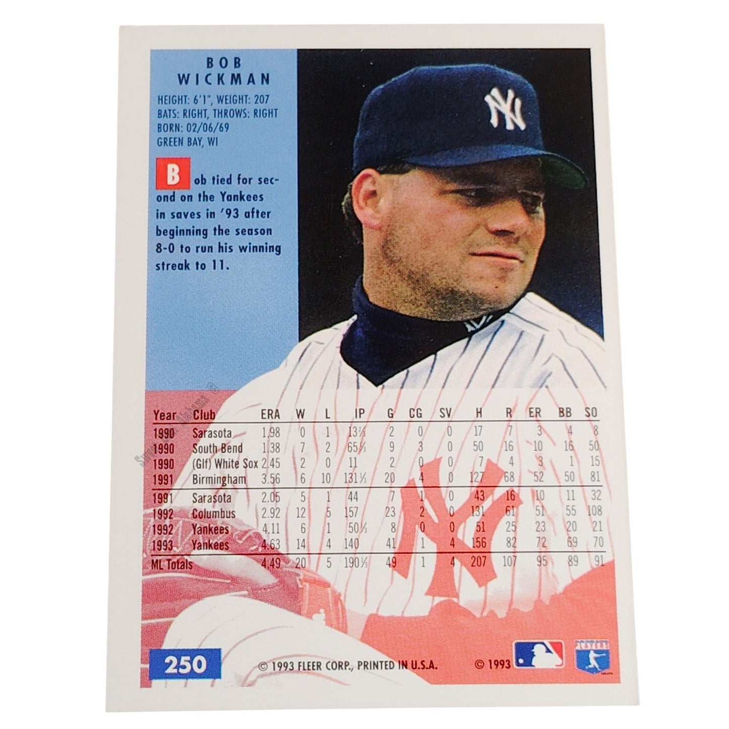 Bob Wickman, New York Yankees, #250, 1994 Fleer Baseball Collector's Card