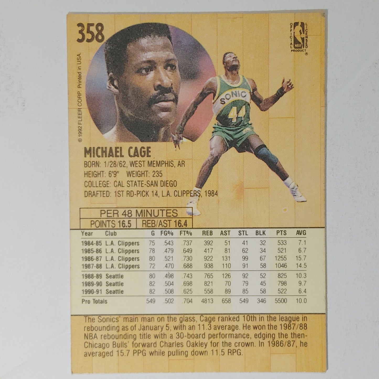 1991–92 Fleer Michael Cage #358 – Seattle SuperSonics – Forward – VG/EX
