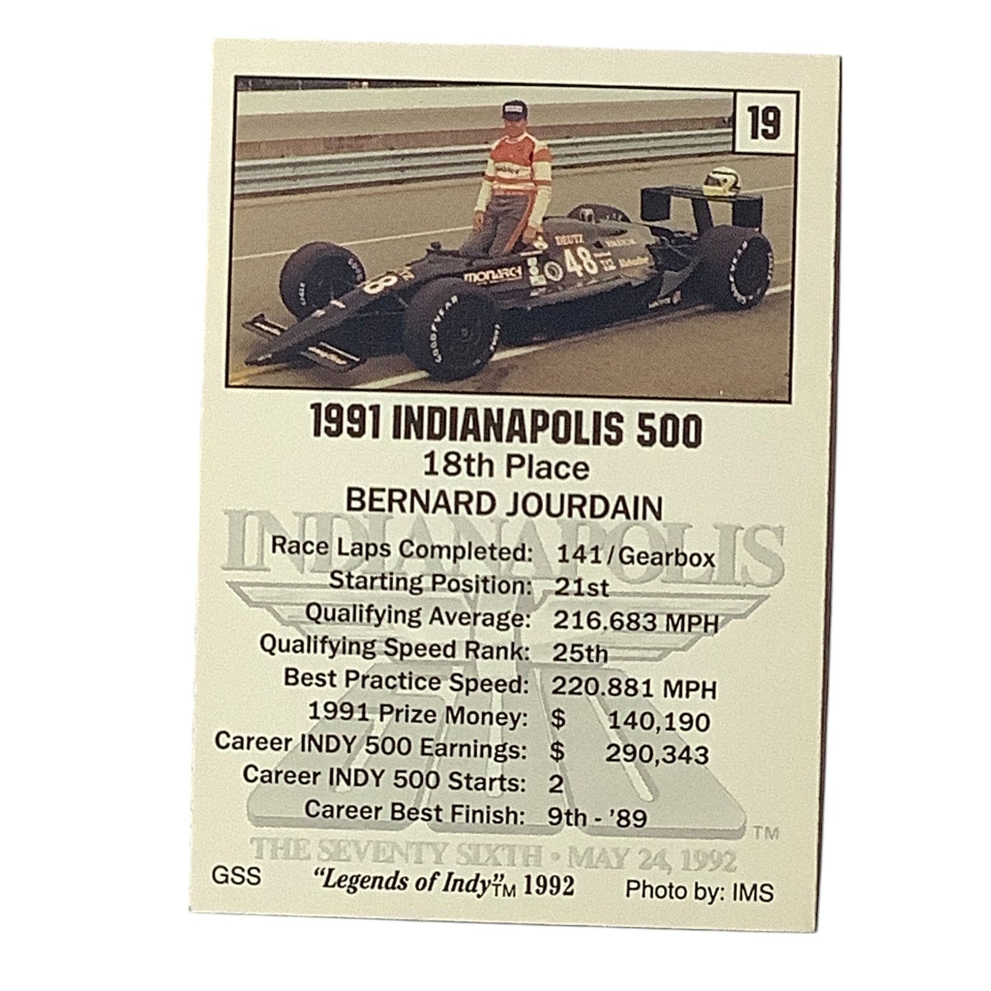 Bernard Jourdain 18th Place, 1991 Action, 1992 Legends of Indy Card 19, NM+