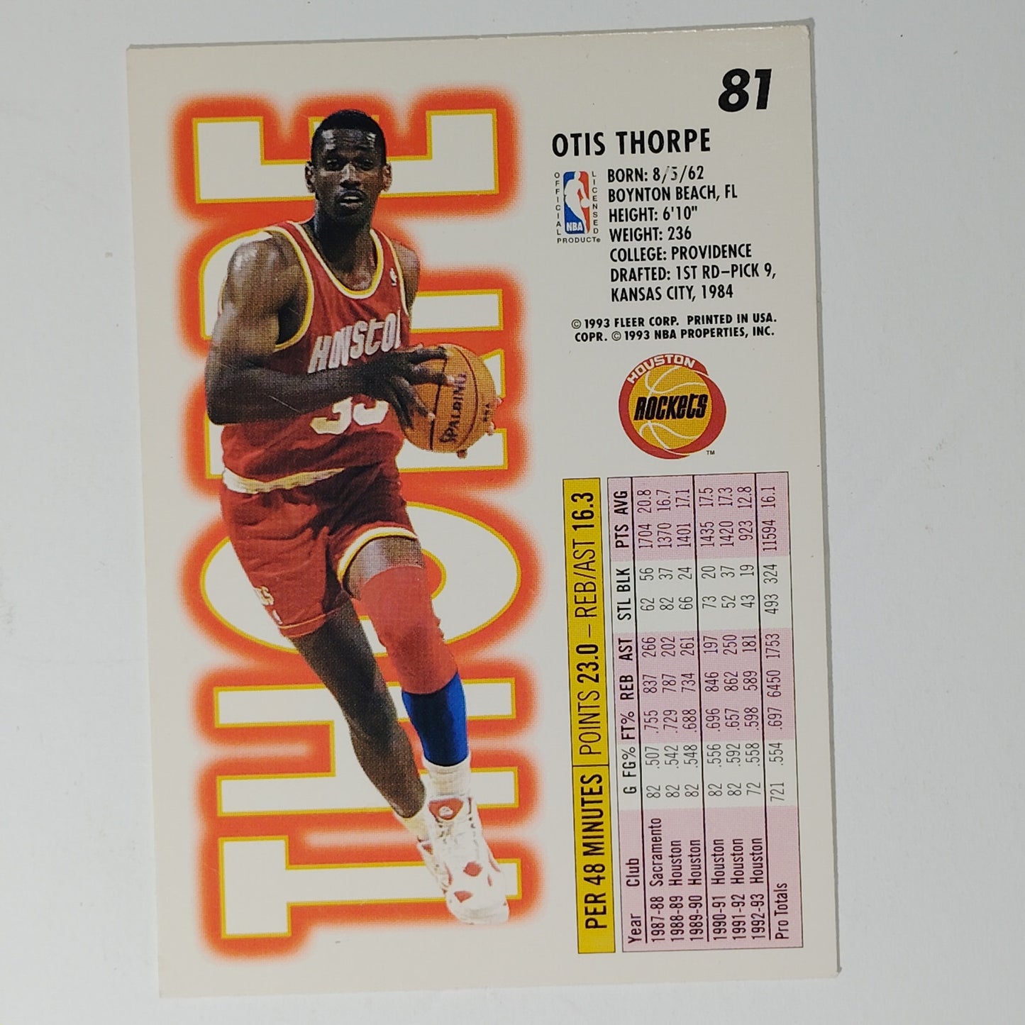 1993-94 Fleer Otis Thorpe #81 Houston Rockets Power Forward NBA Card