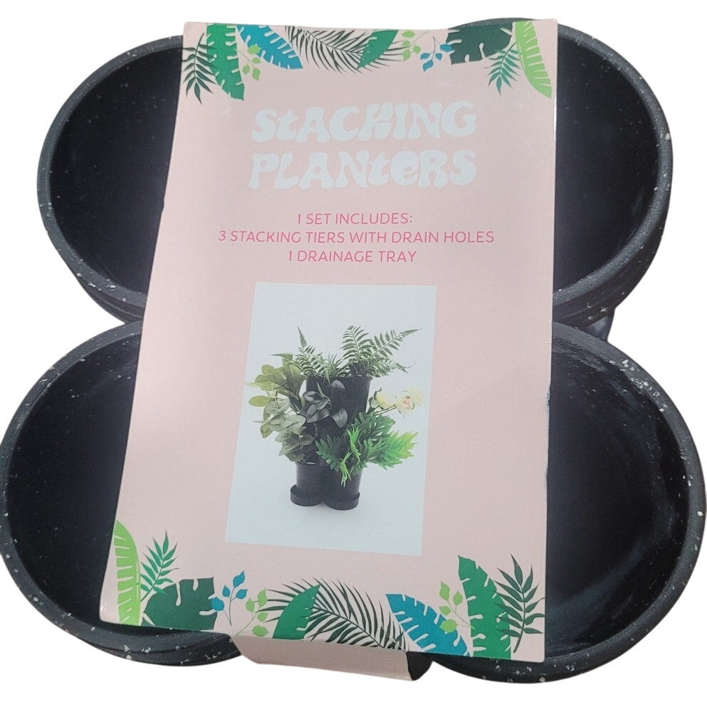 3pk Stackable Planters – Speckled Black – Bullseye’s Playground – Durable Plastic – Outdoor Use