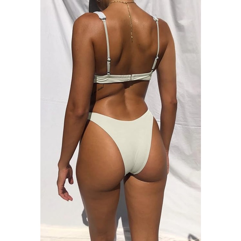 Hatant Bikini Set, Push Up Triangle Top, High Waisted Bottoms, Beige, L (8-10)