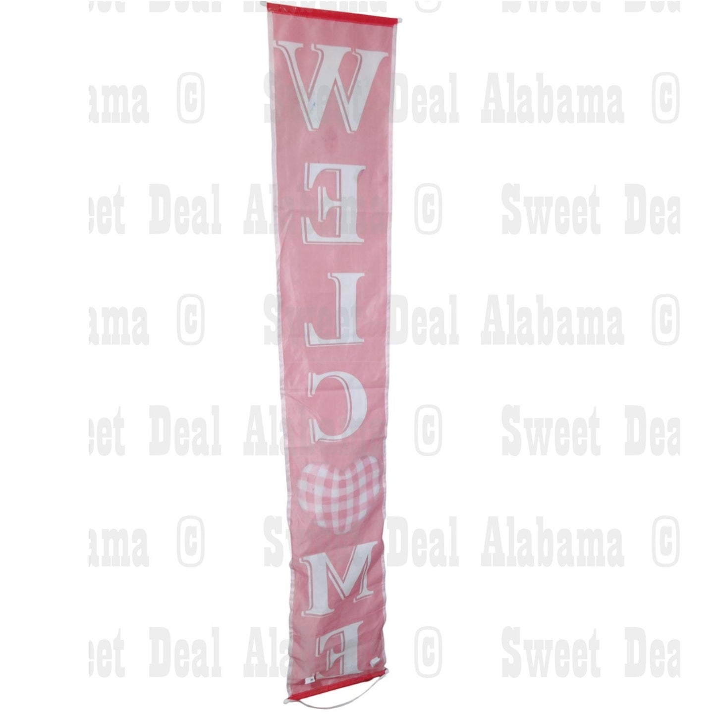 Vertical Welcome Banner – Red with Checkered Heart, Lighted Down The Sides