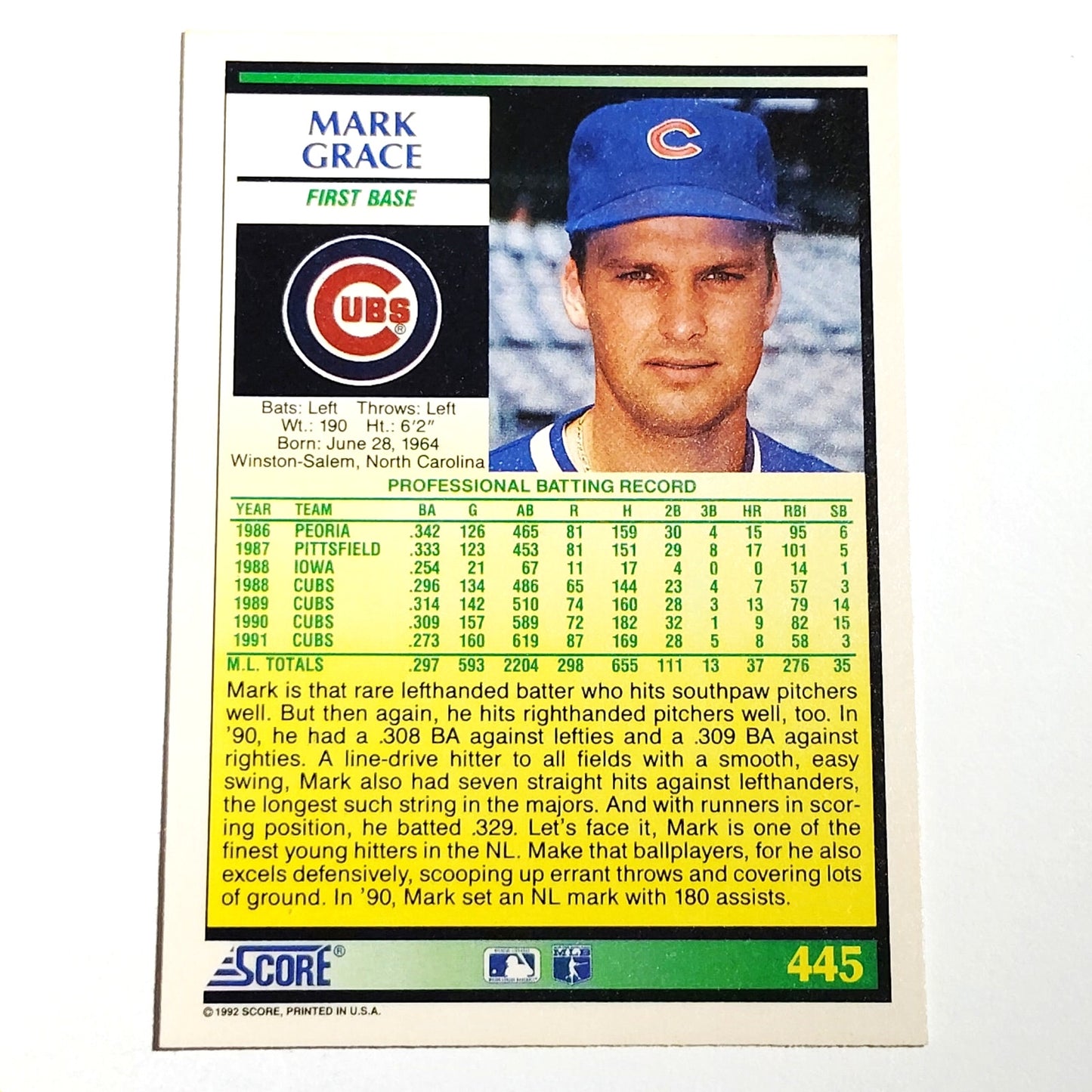 1992 Score Mark Grace #445 Chicago Cubs First Baseman MLB Baseball NM